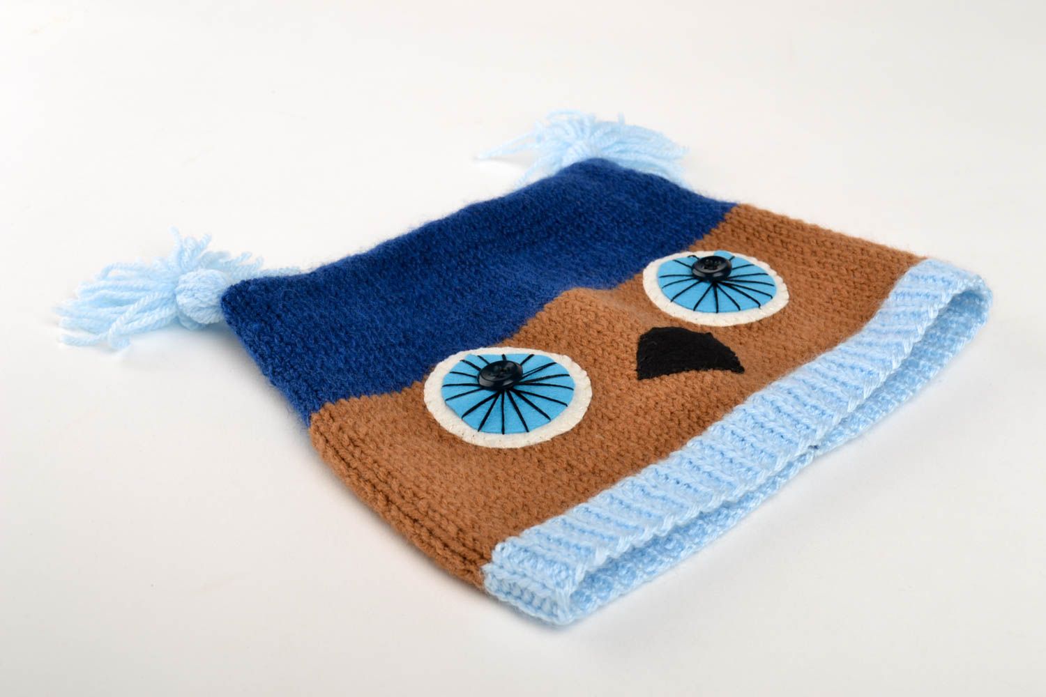 Bonnet tricot Chapeau fait main en laine bleu marron Vêtement enfant Hibou photo 2