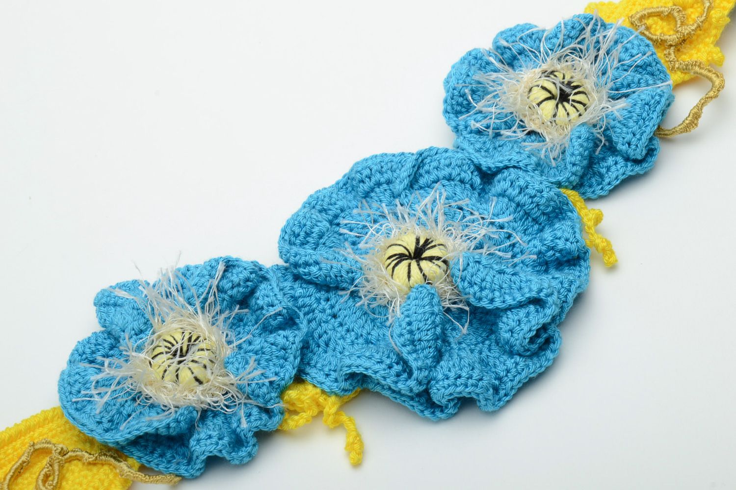 Ceinture tricotée au crochet pour femme faite main bleue grandes fleurs photo 4