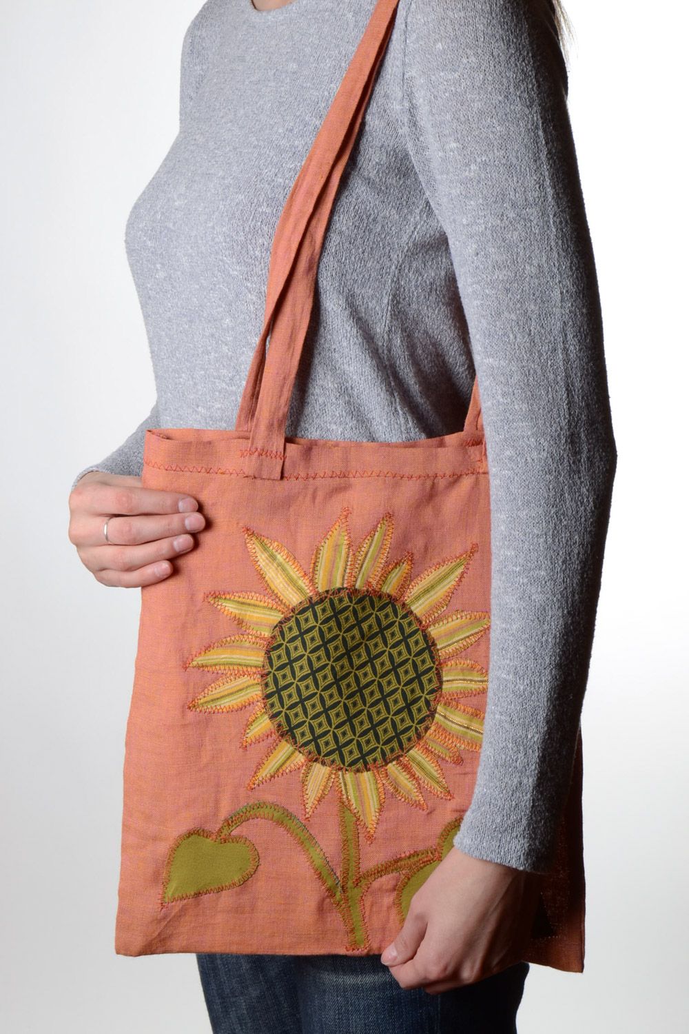 Handmade fabric ladies bag with applique work in the form of a large sunflower photo 1