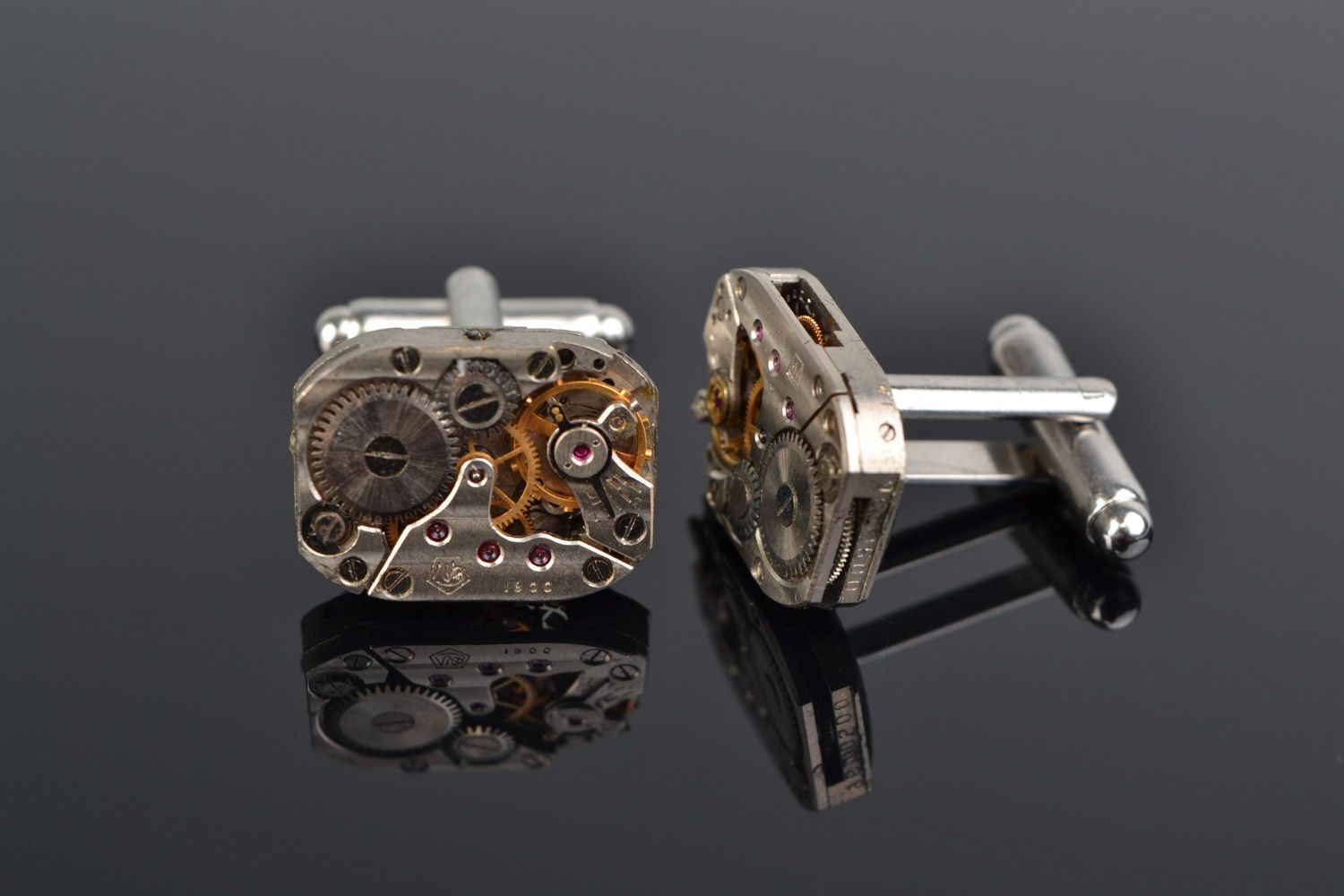 Handmade silvered clock mechanism cufflinks in steampunk style for men photo 1
