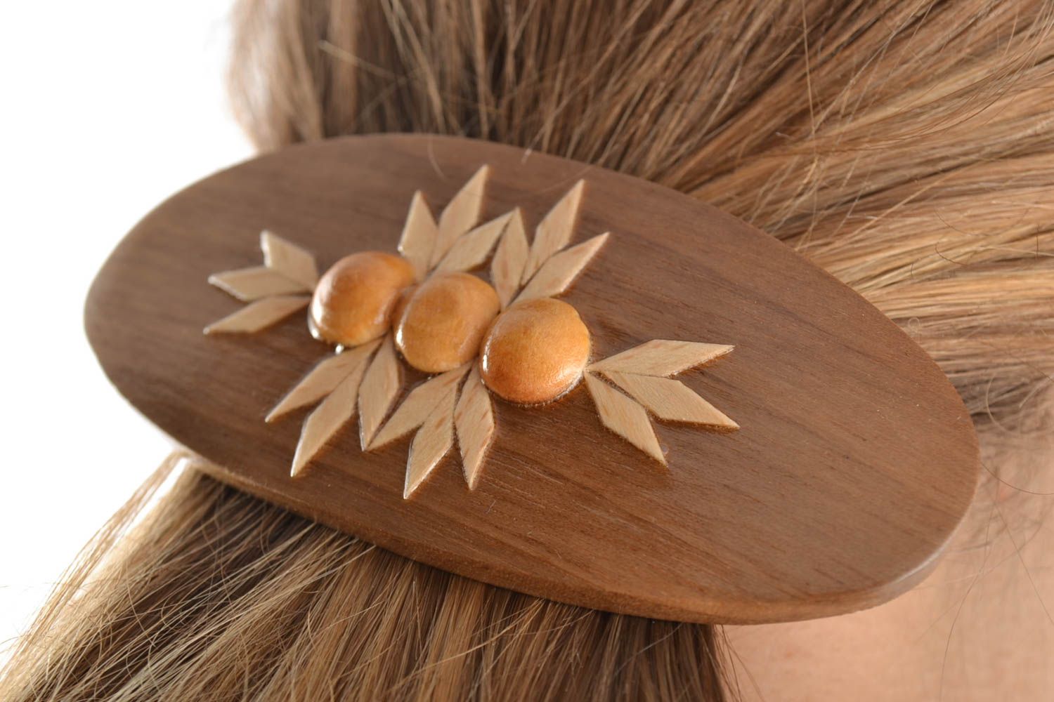 Beautiful hair jewellery brown handmade oval wooden barrette with pattern  photo 1