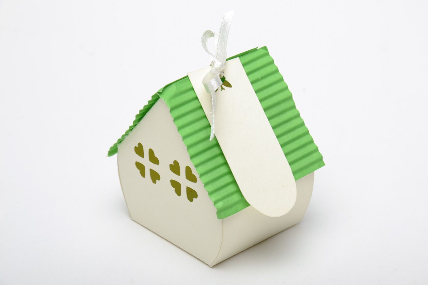 Handmade wedding paper favor box in the shape of house in green and white colors photo 2