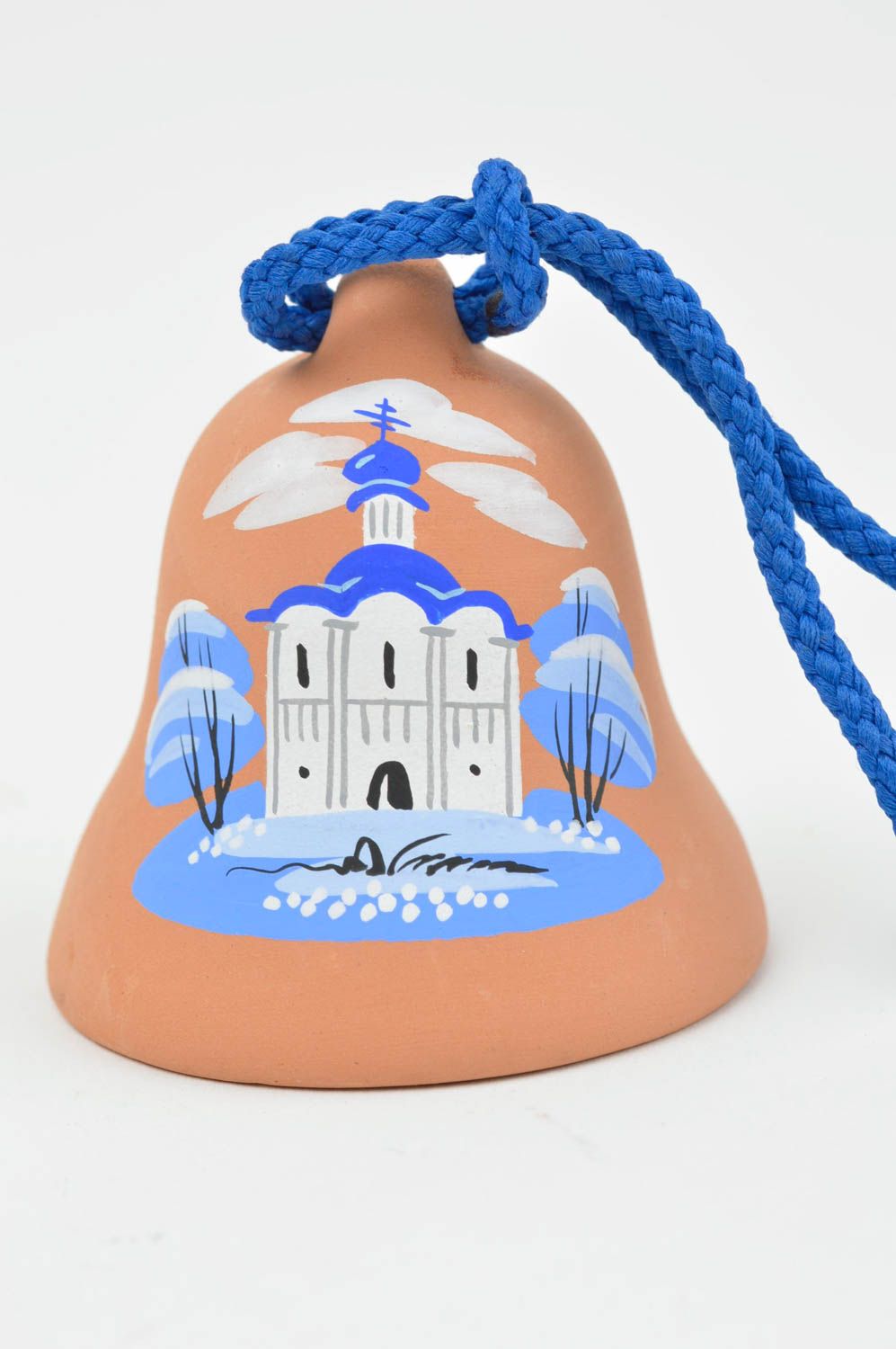 Petite clochette en céramique peinte originale avec cordon faite main Église photo 2