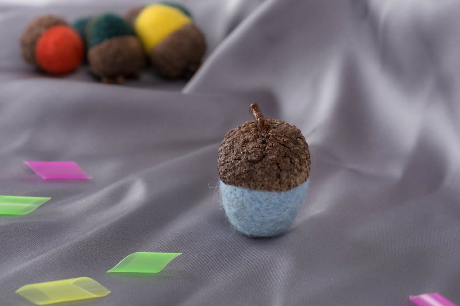 Designer handmade acorn figurine soft toy made of felted wool present for kids photo 1