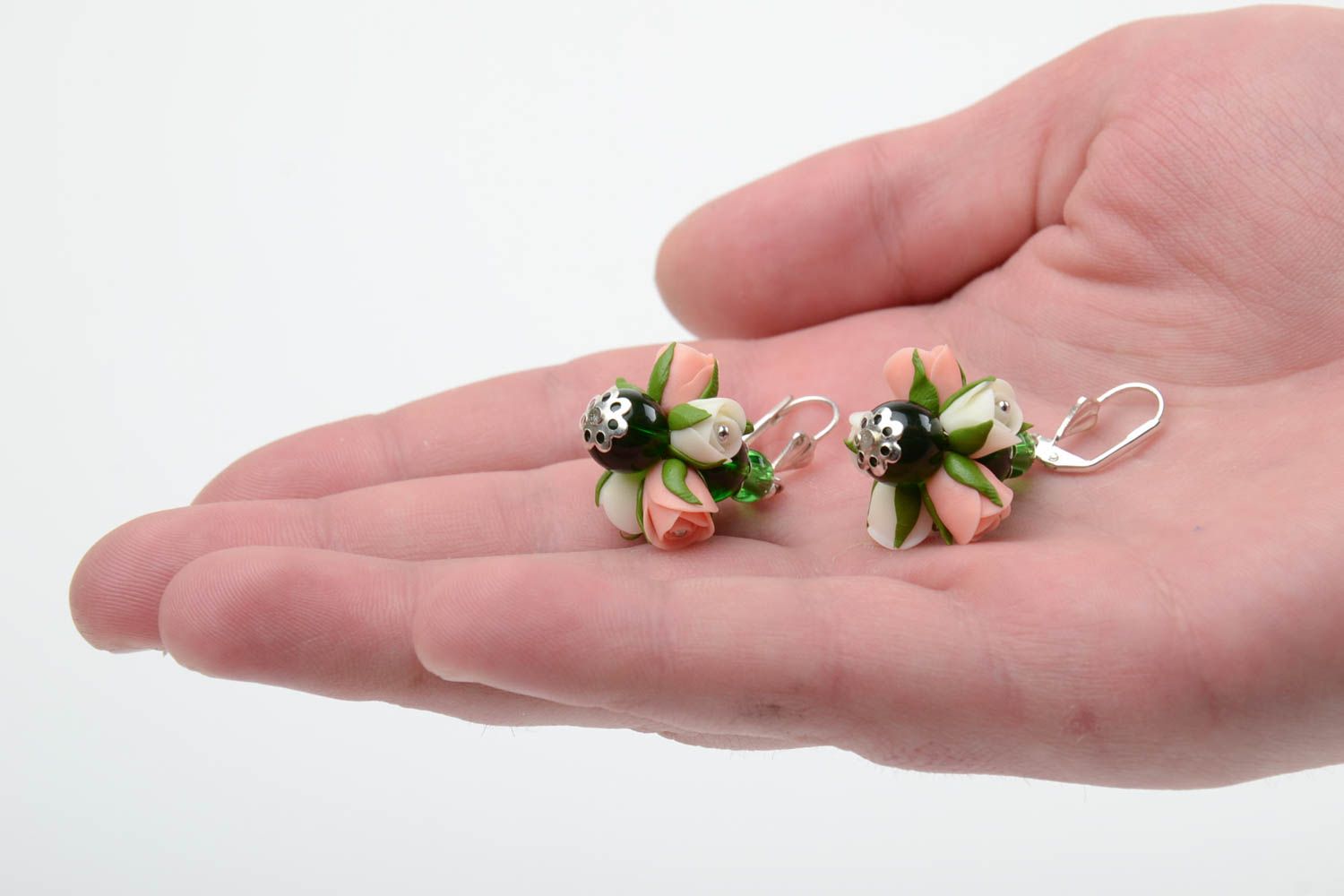 Handmade tender dangling earrings with cold porcelain white and pink rose flowers photo 2