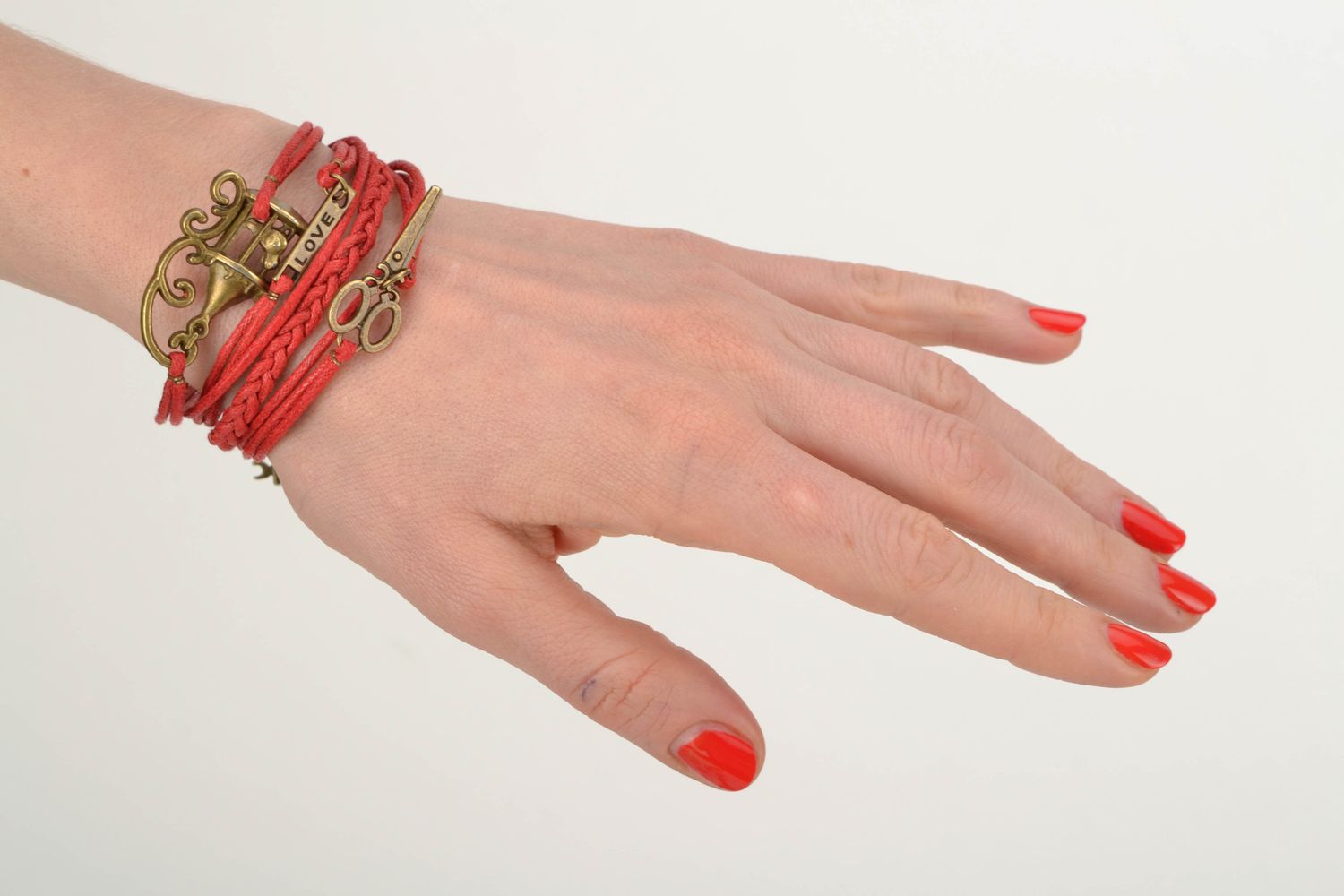 Bracelet tressé multi rang de style casual en fil ciré rouge fait main photo 1