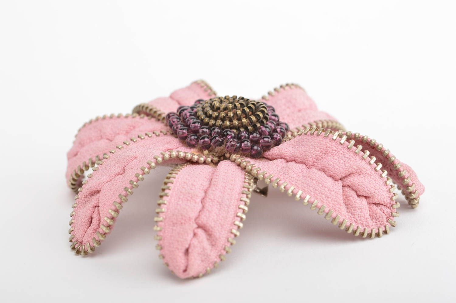 Handmade pink textile brooch cute beaded hair clip festive jewelry transformer photo 5