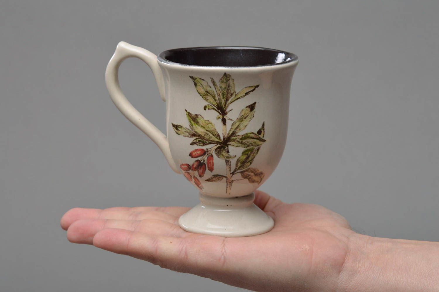 Handmade elegant porcelain glazed white and black coffee cup with barberry image photo 4