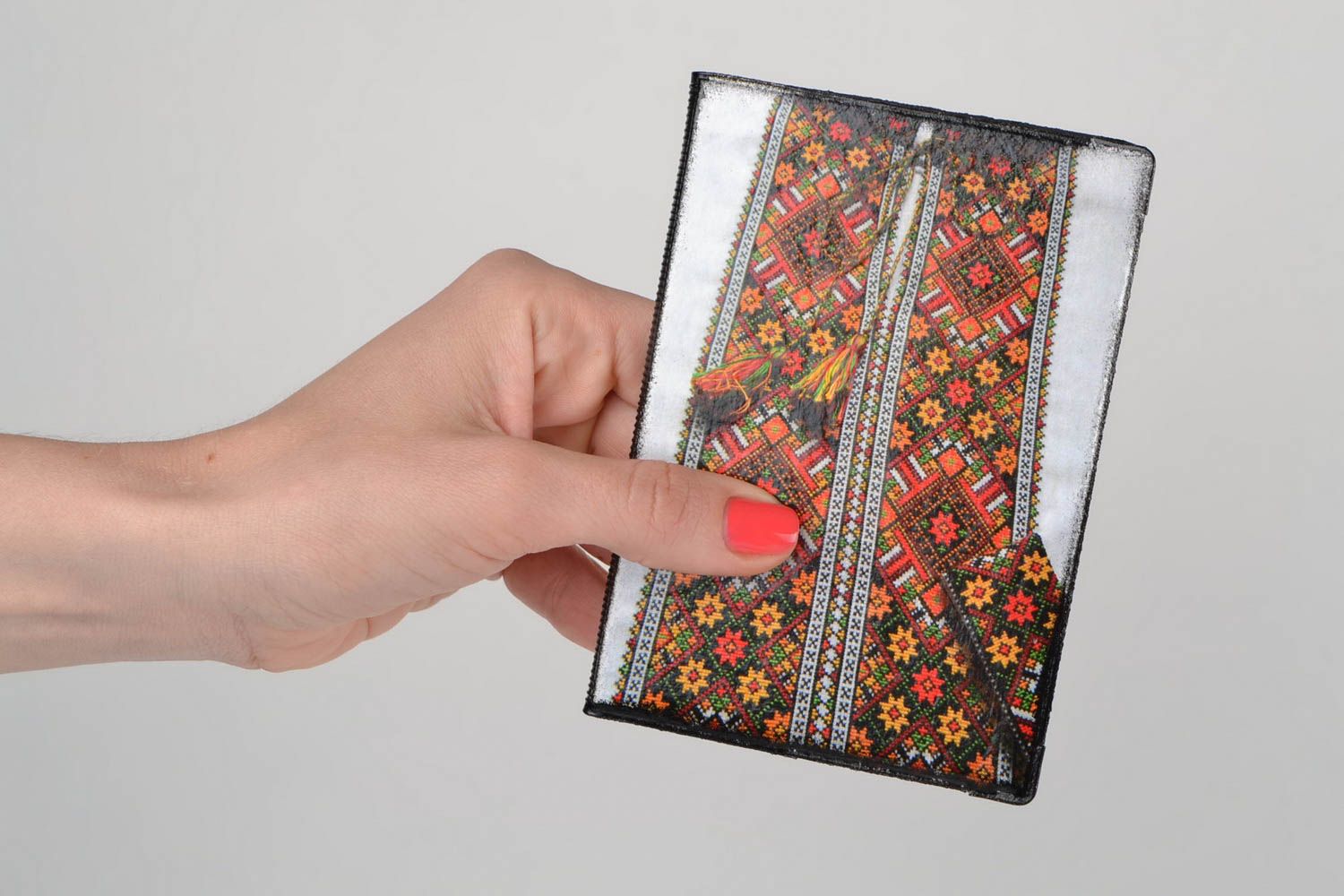 Handmade ethnic faux leather passport cover with decoupage Embroidered Shirt photo 2