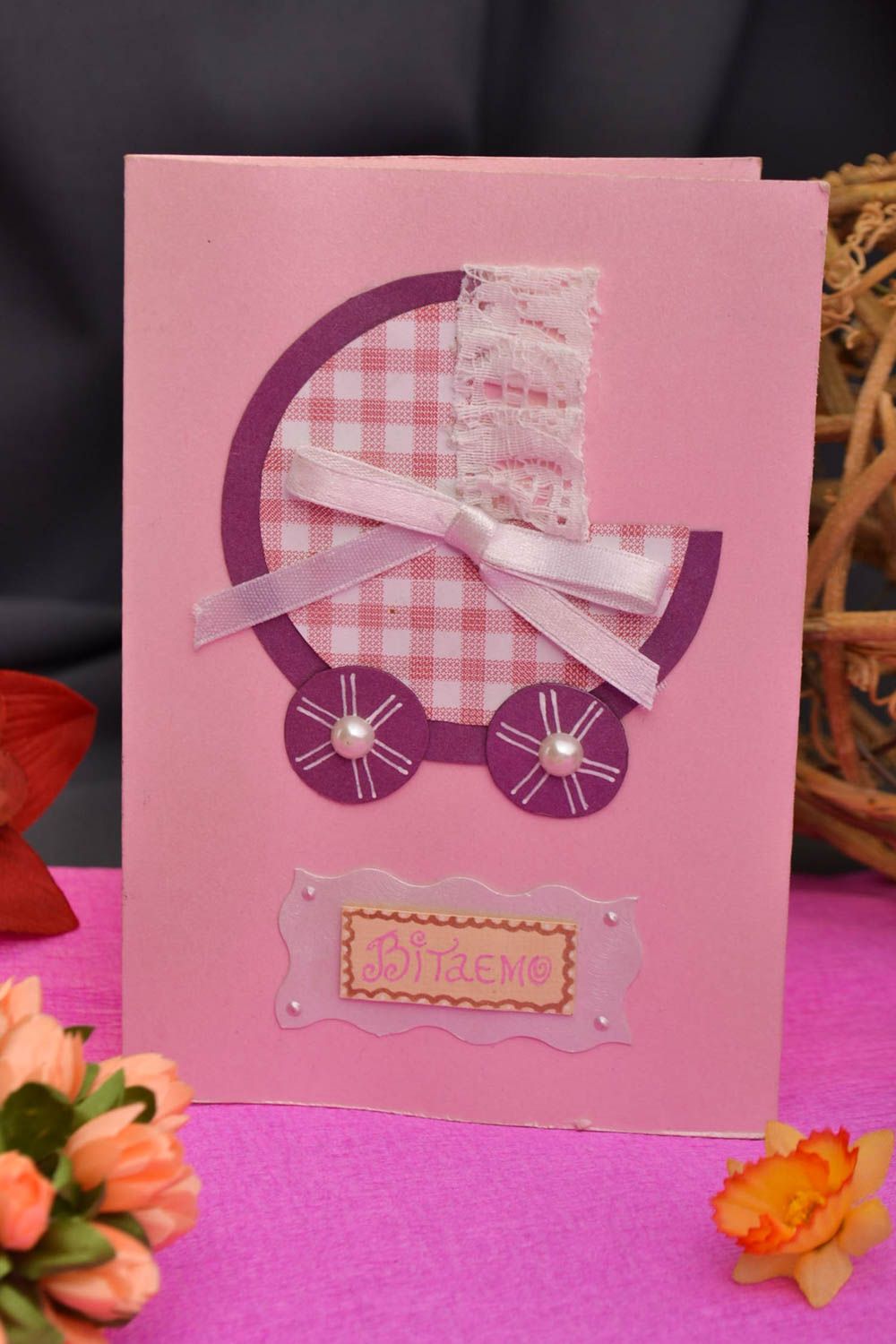 Carte de voeux naissance faite main rose avec poussette Petit cadeau original photo 1