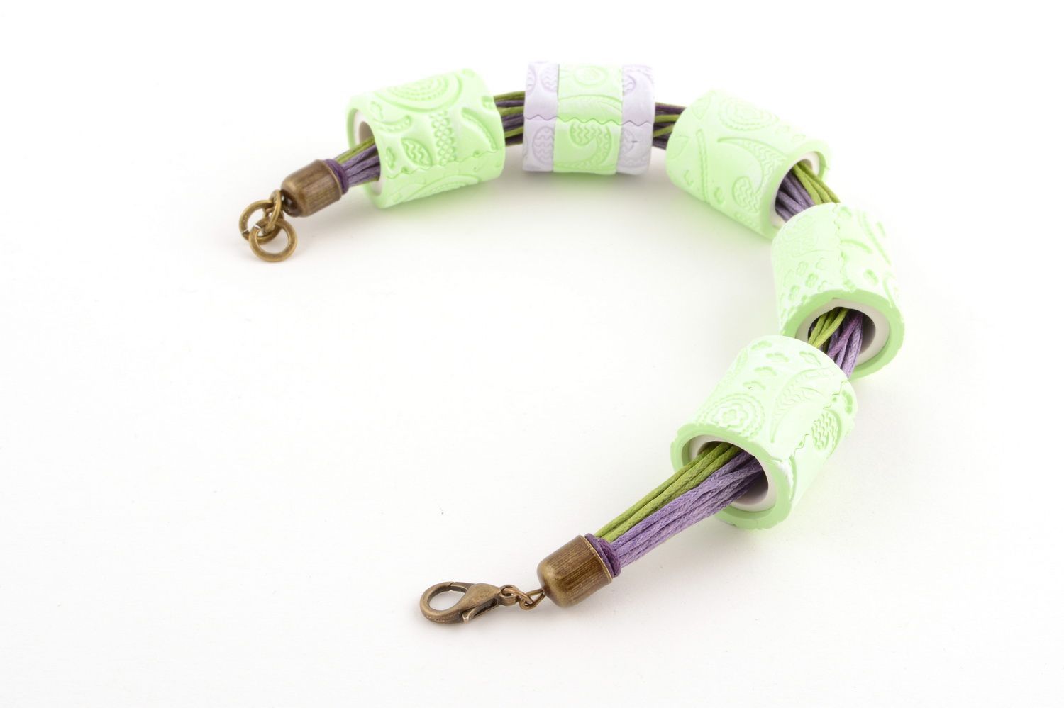 Designer handmade light green with violet bracelet made of polymer clay  photo 4