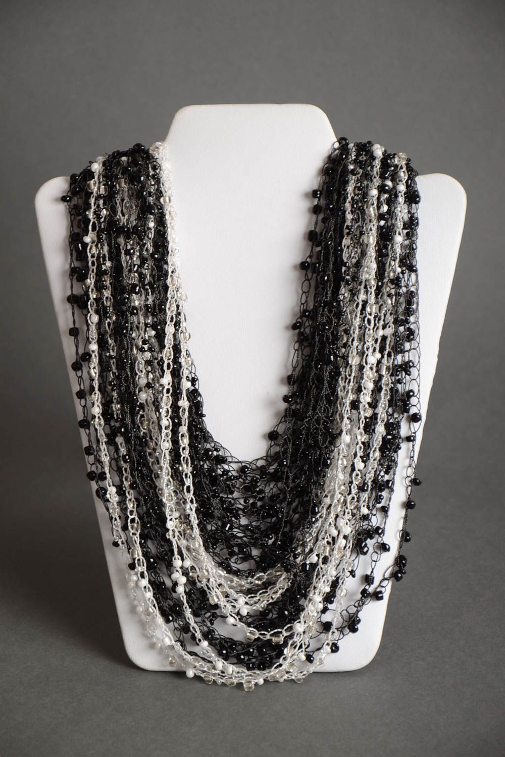 Handmade volume necklace crocheted of Czech beads in black and white colors photo 2