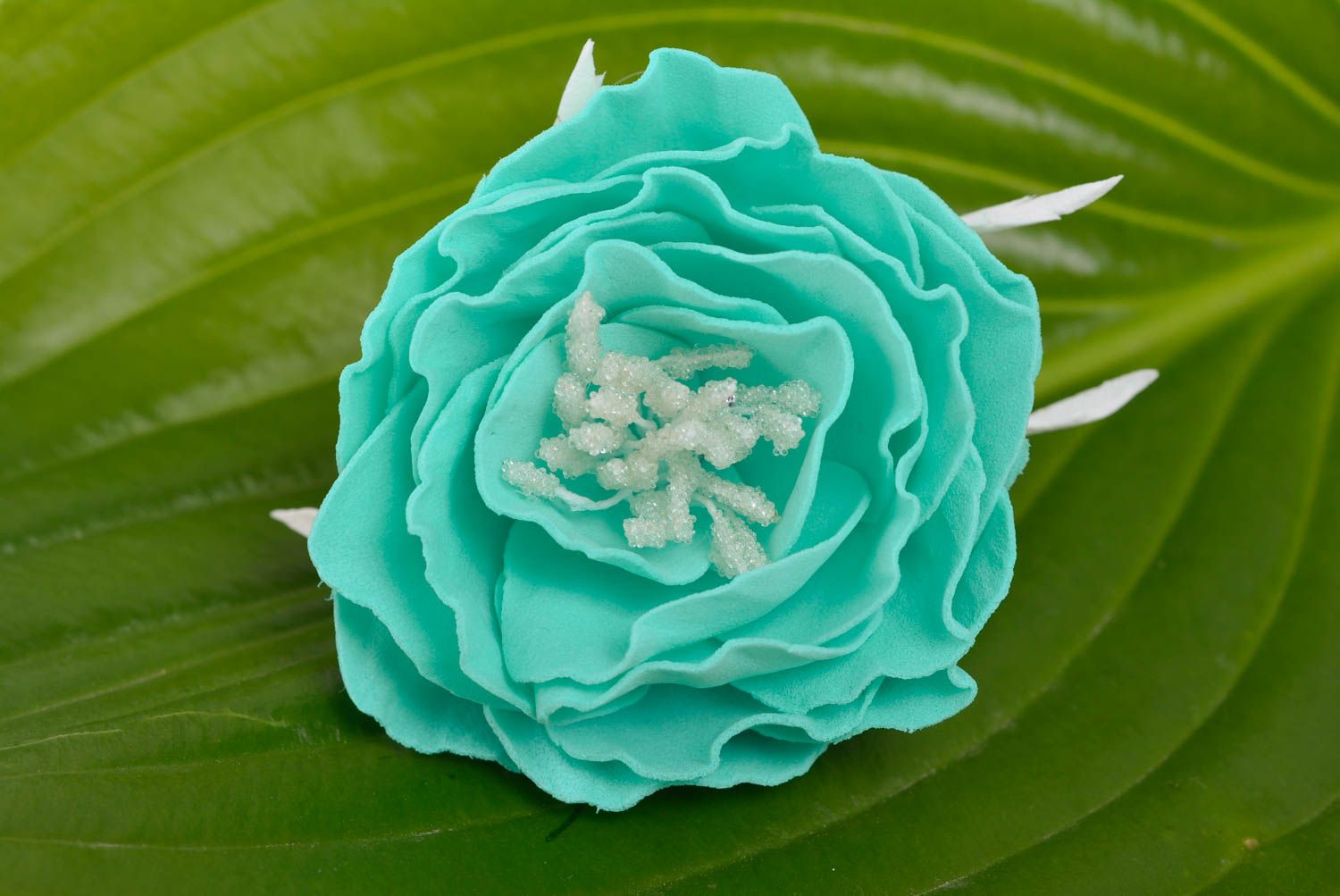 Handmade decorative hair band with large volume foamiran flower of mint color photo 3