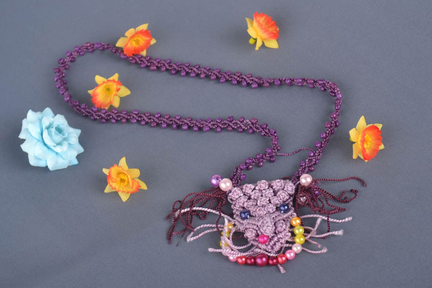 Handmade textile bijouterie designer macrame necklace present ideas for woman photo 1