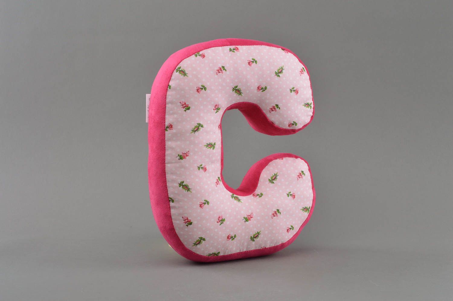 Handmade decorative soft toy letter C sewn of pink and floral patterned fabric photo 1