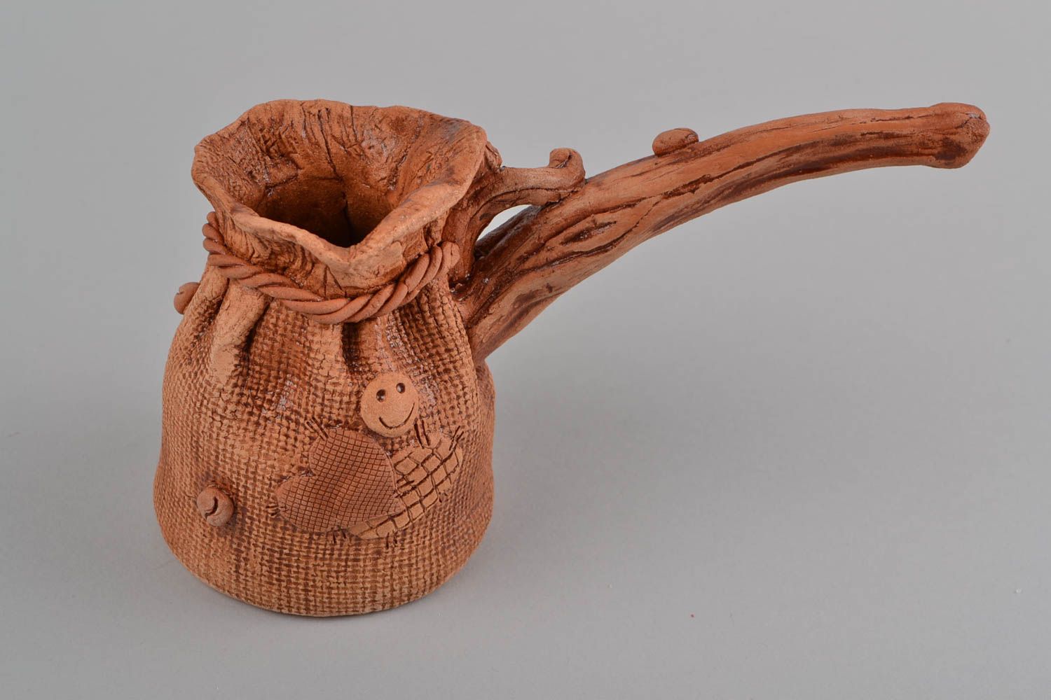 Handmade unusual beautiful ibrik for coffee made of clay with bulk of 150 ml  photo 3