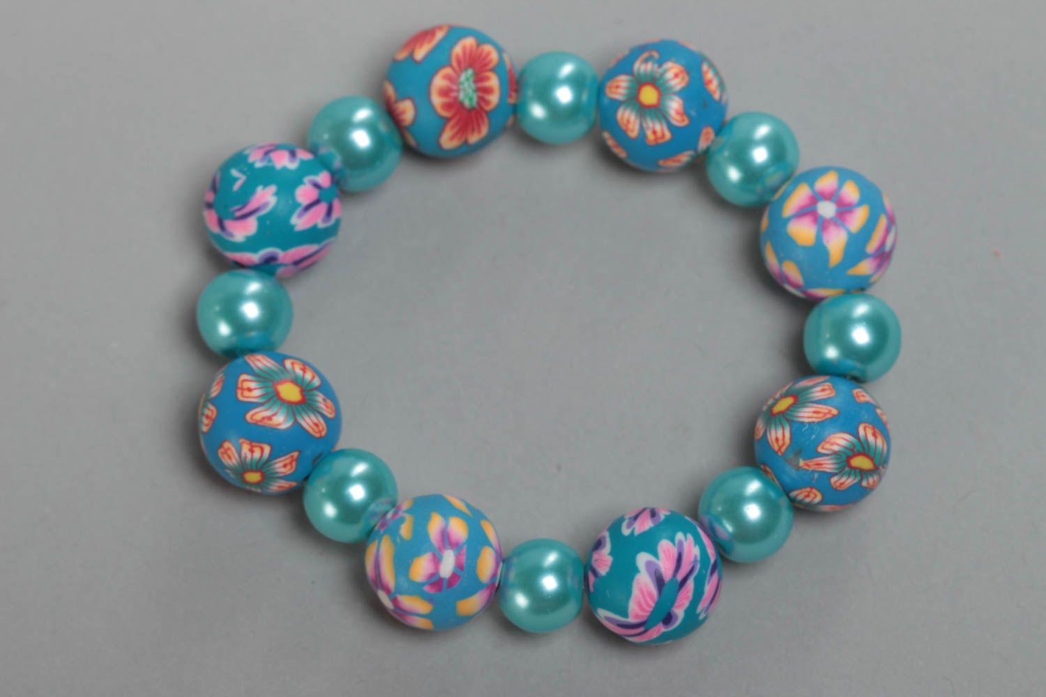 Nice blue handmade children's polymer clay wrist bracelet with beads photo 3