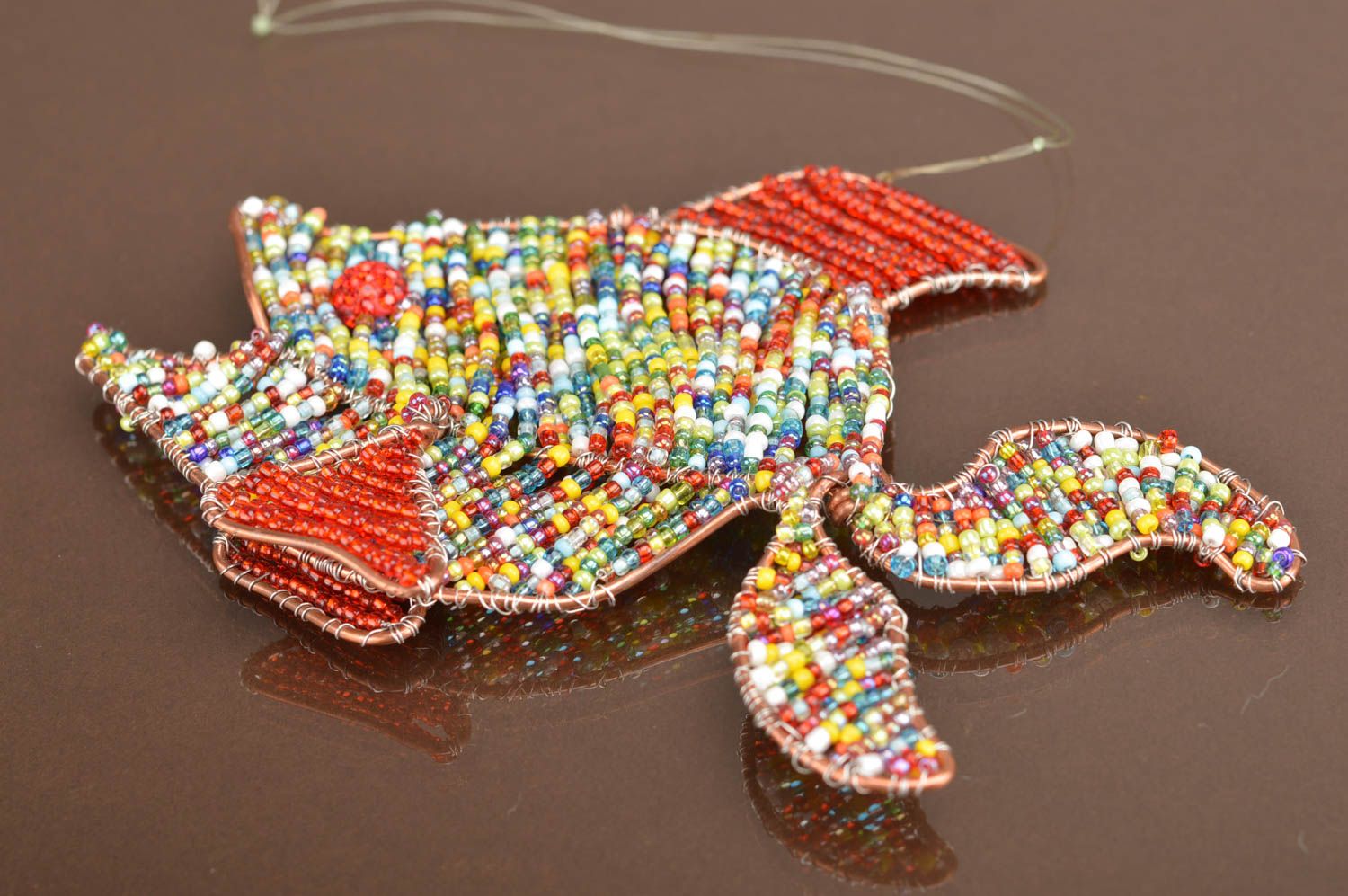 Handmade bright colorful beaded wall hanging decoration in the shape of fish photo 5