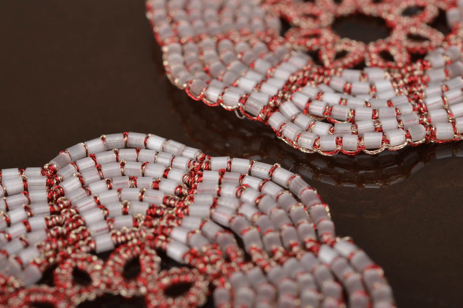 Vinous flower handmade earrings made using tatting technique with Czech beads photo 5