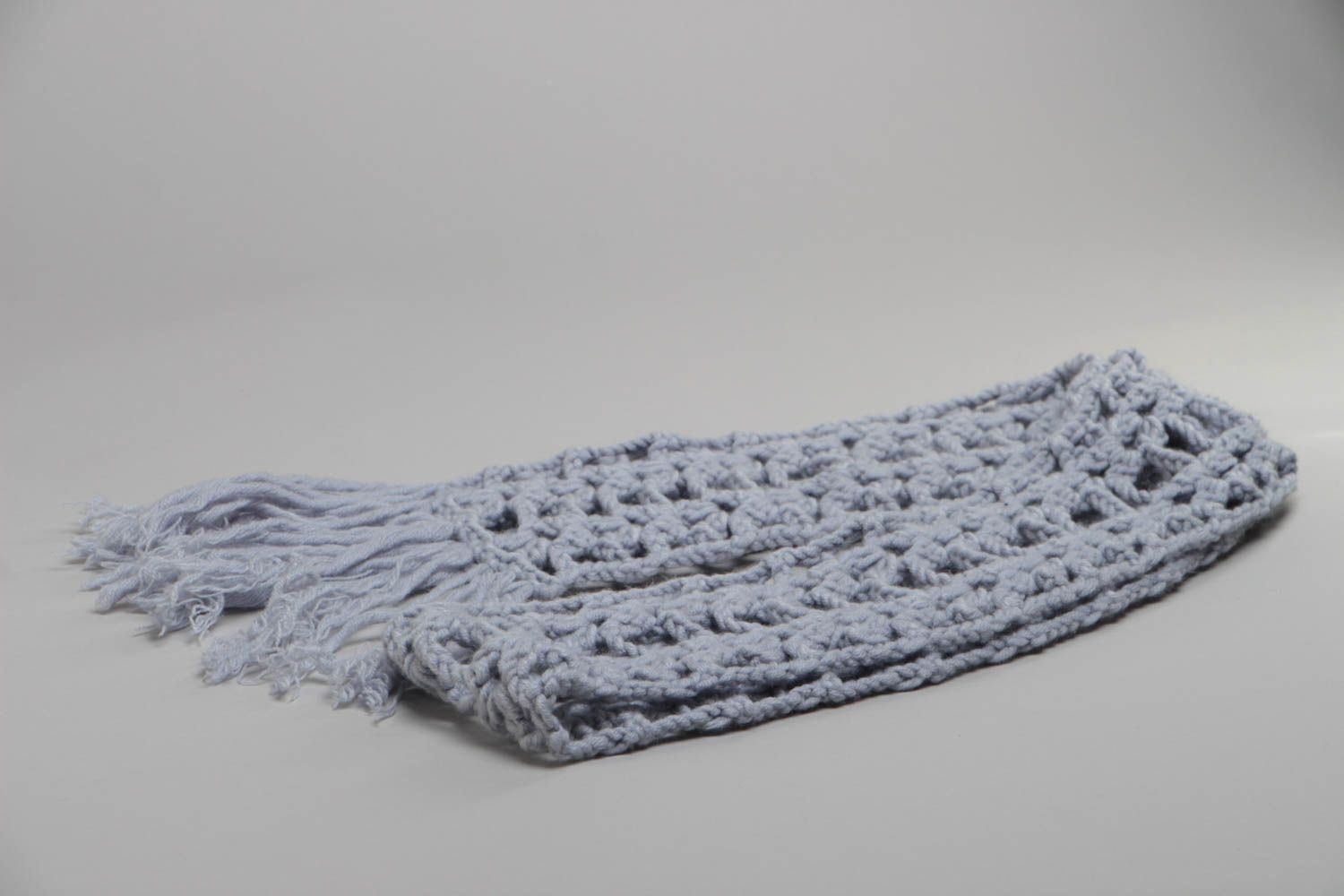 Beautiful handmade long gray crochet scarf created of wool and acrylic threads photo 3