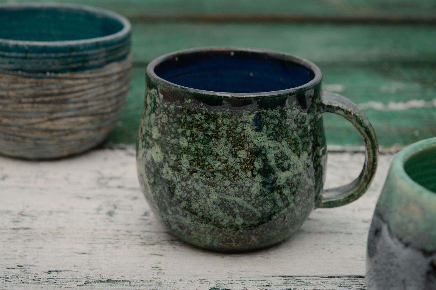 Malachite glazed 4 oz teacup with handle photo 1