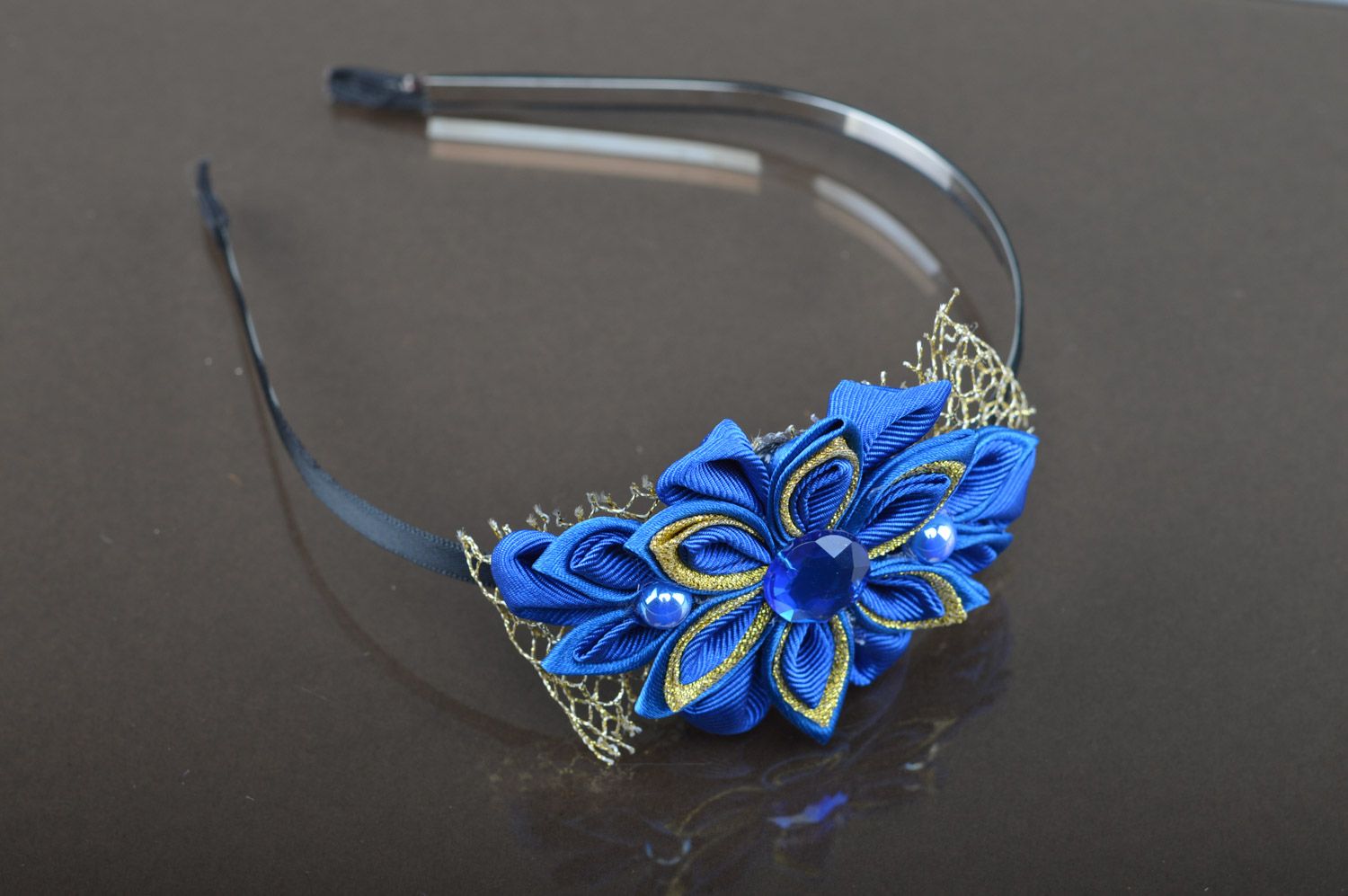 Handmade headband with bright blue flower created of ribbons Forget-me-not photo 2