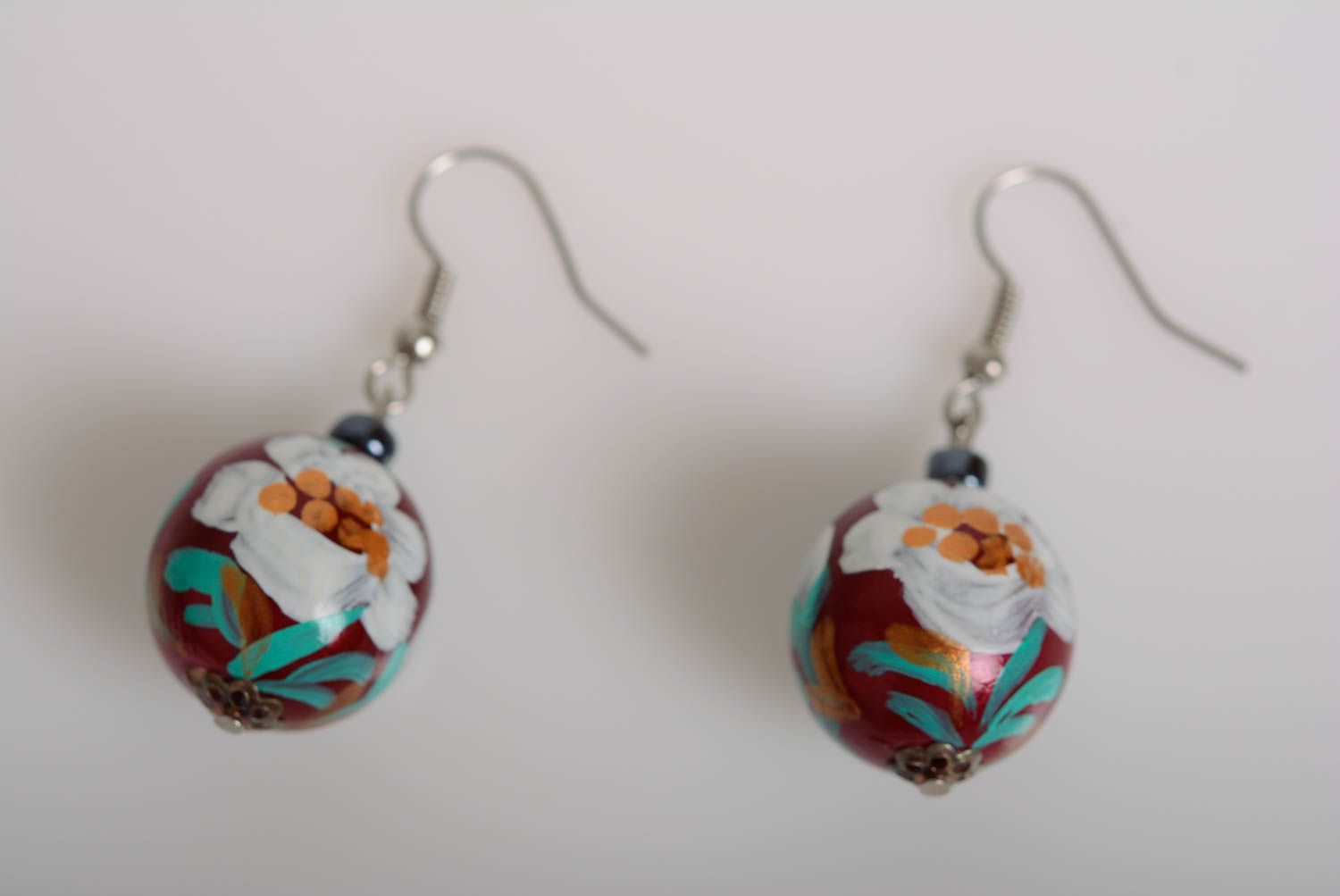 Nice handmade designer wooden ball earrings painted with acrylics photo 1