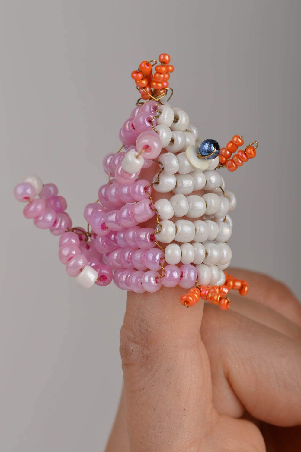 Small handmade beaded finger puppet toy chicken for home puppet theater photo 5