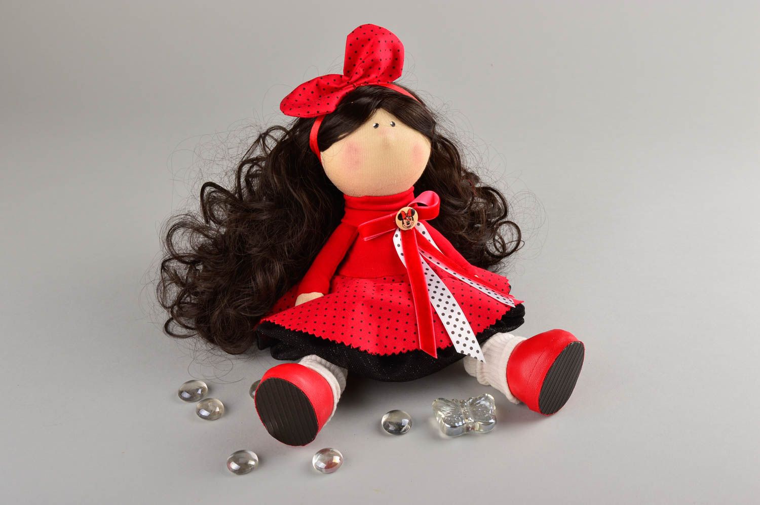 Designer doll bright handmade doll in red dress textile toy decorative use only photo 2