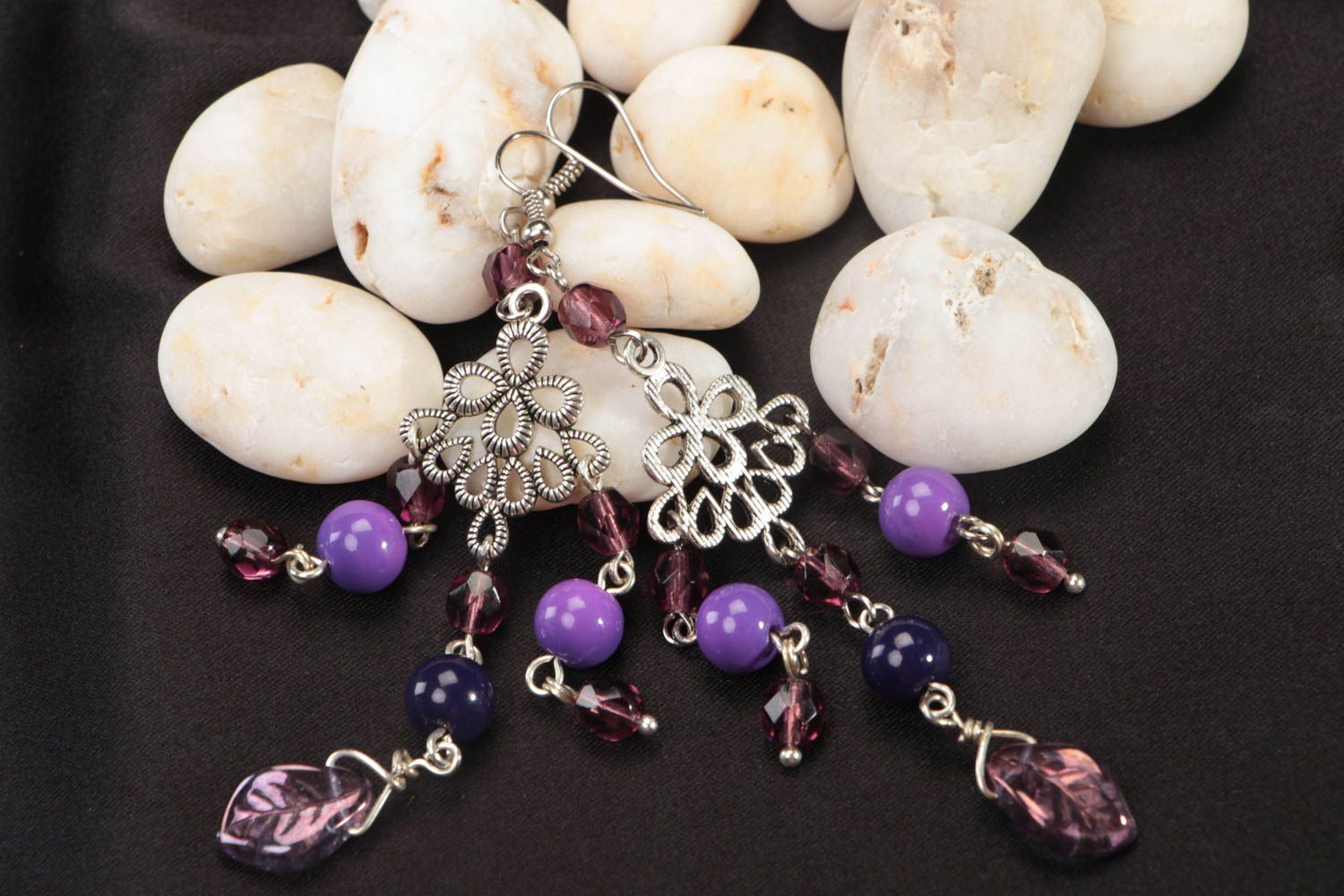 Handmade massive earrings beaded steel accessories unusual violet jewelry photo 1