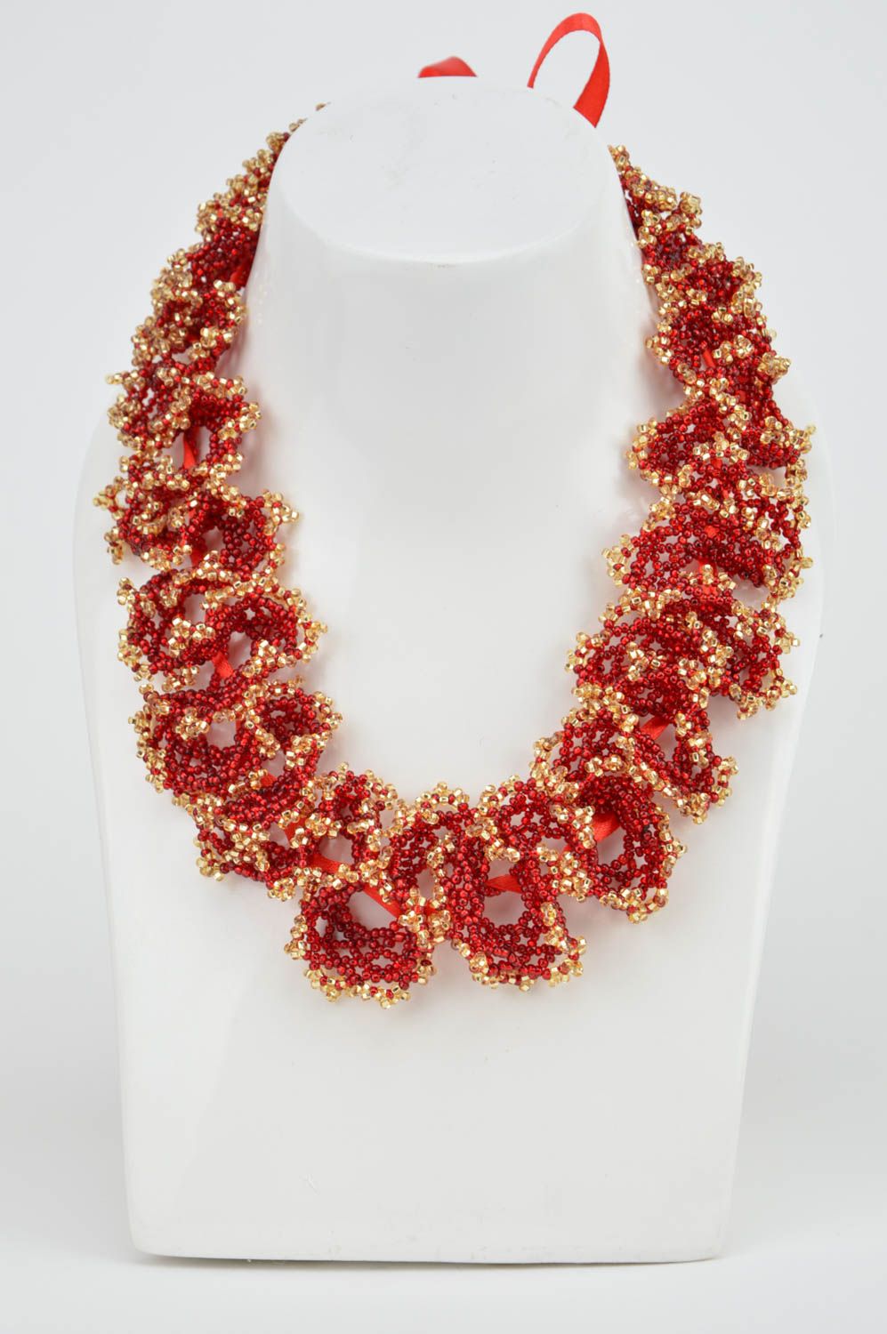 Unusual handmade designer stylish beaded necklace of red and gold colors photo 3