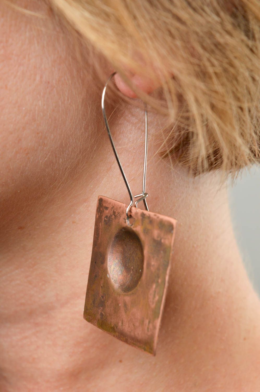 Handmade designer copper earrings square metal earrings beautiful accessory photo 1