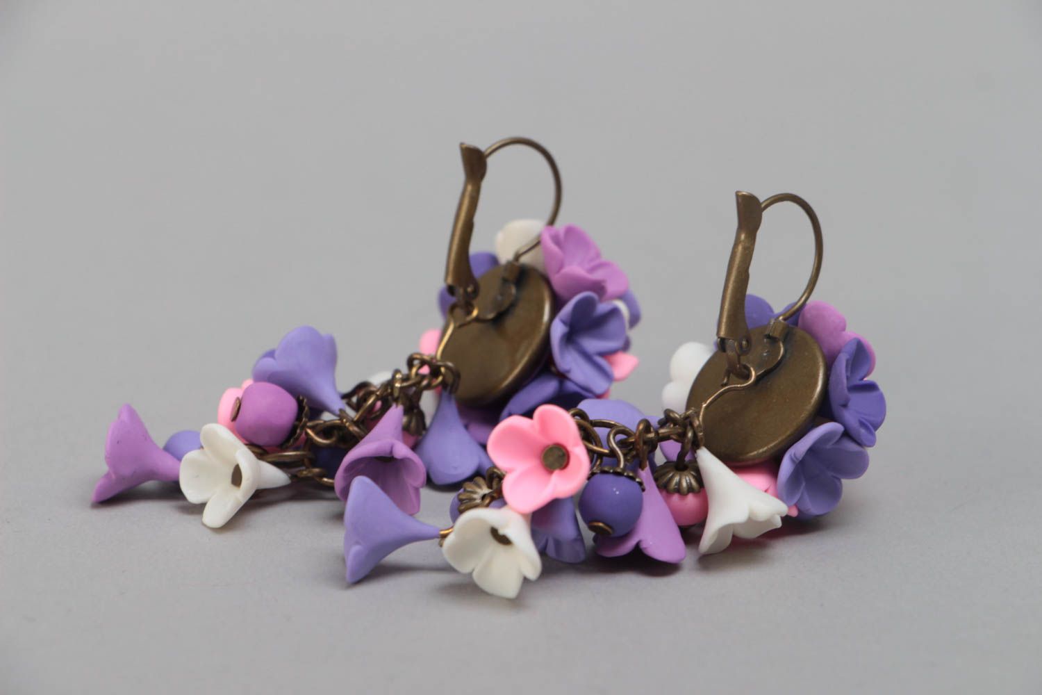 Handmade designer dangle earrings with pink and violet polymer clay flowers photo 4