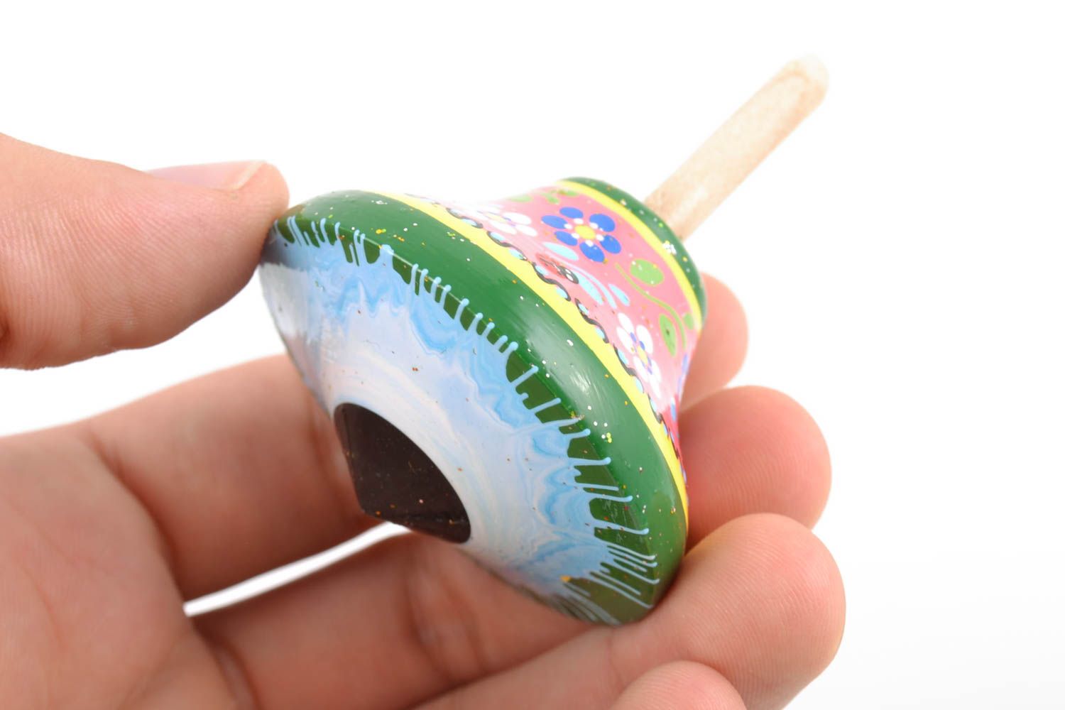 Bright painted small handmade children's wooden spinning top photo 2