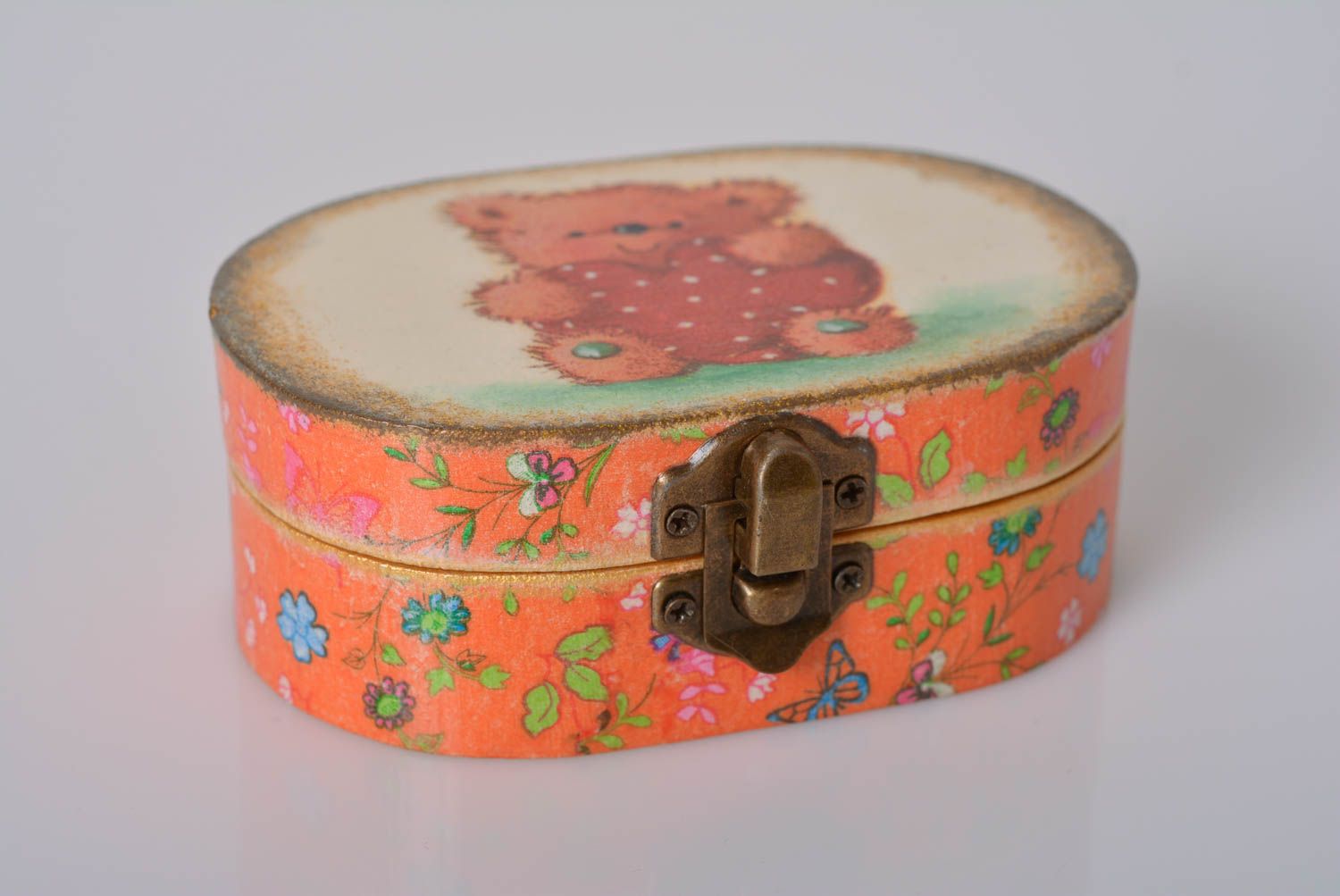 Beautiful handmade designer decoupage wooden jewelry box with bear image photo 1