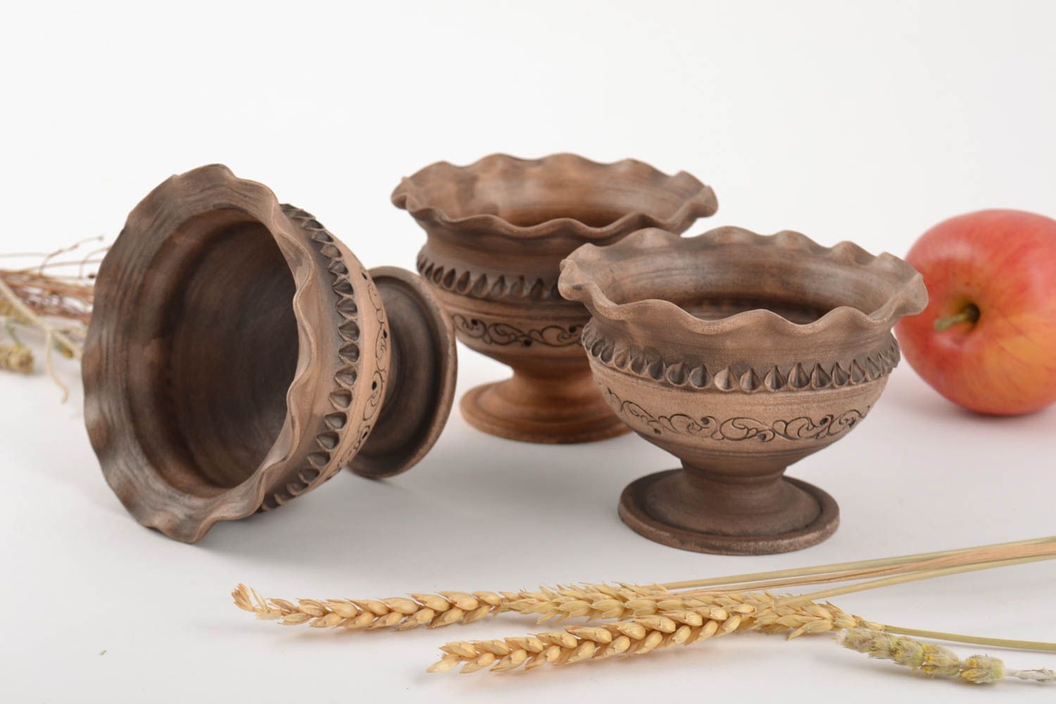 Set of beautiful handmade molded clay bowls 3 pieces designer ceramics photo 1