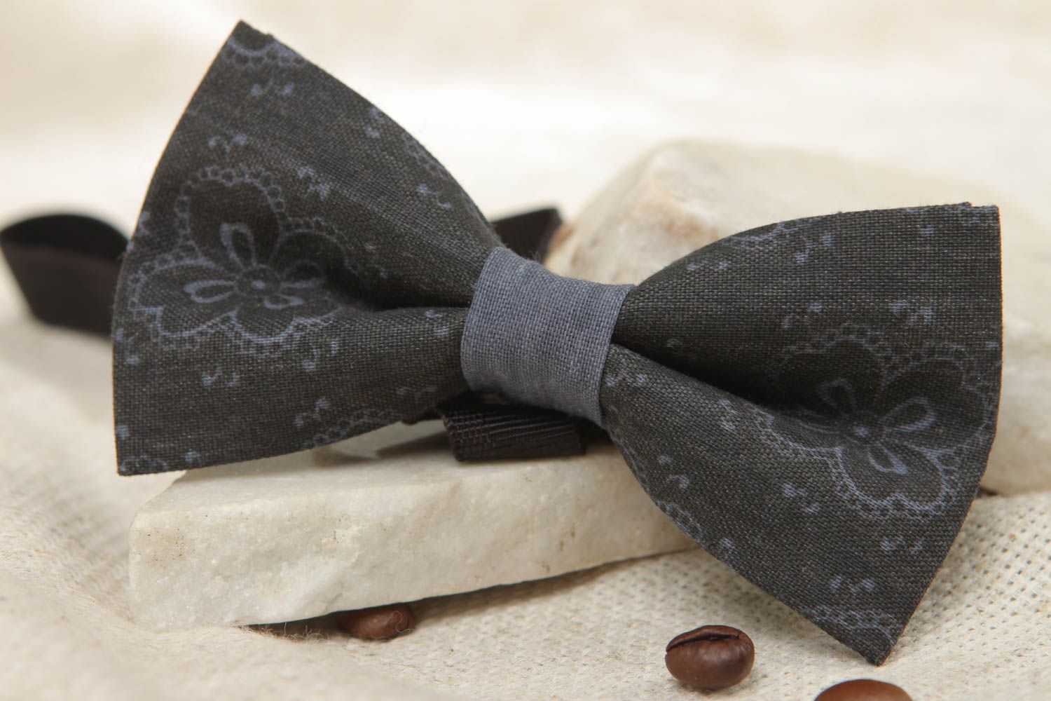 Fabric bow tie of charcoal color with thin pattern photo 5