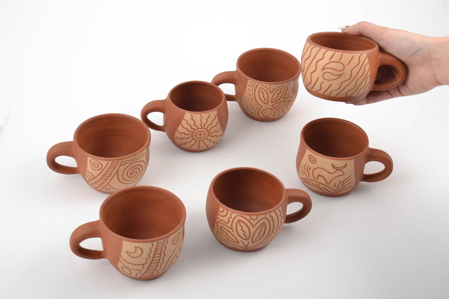 Set of 7 seven clay terracotta color coffee 3, 5, 8 oz cups with mineral engobe pattern photo 2