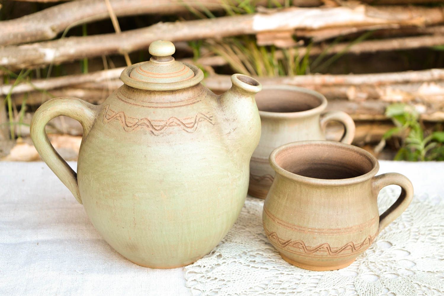 Unusual handmade ceramic teapot 2 clay cups tea cup design kitchen supplies photo 1