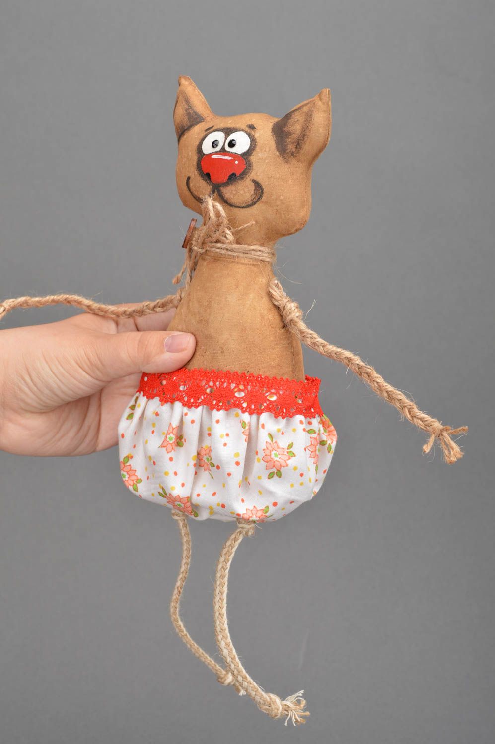 Интерьерная игрушка Кот из хлопка коричневый текстильный декор ручной работы фото 5