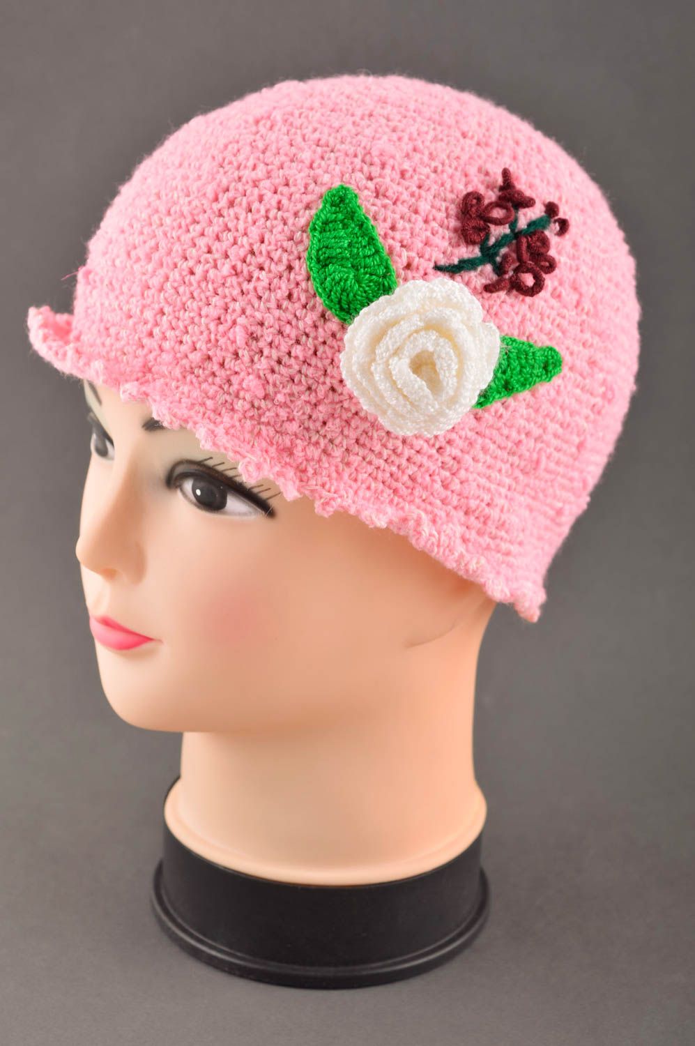 Bonnet enfant fait main Chapeau original Vêtement enfant fille rose tricot photo 1