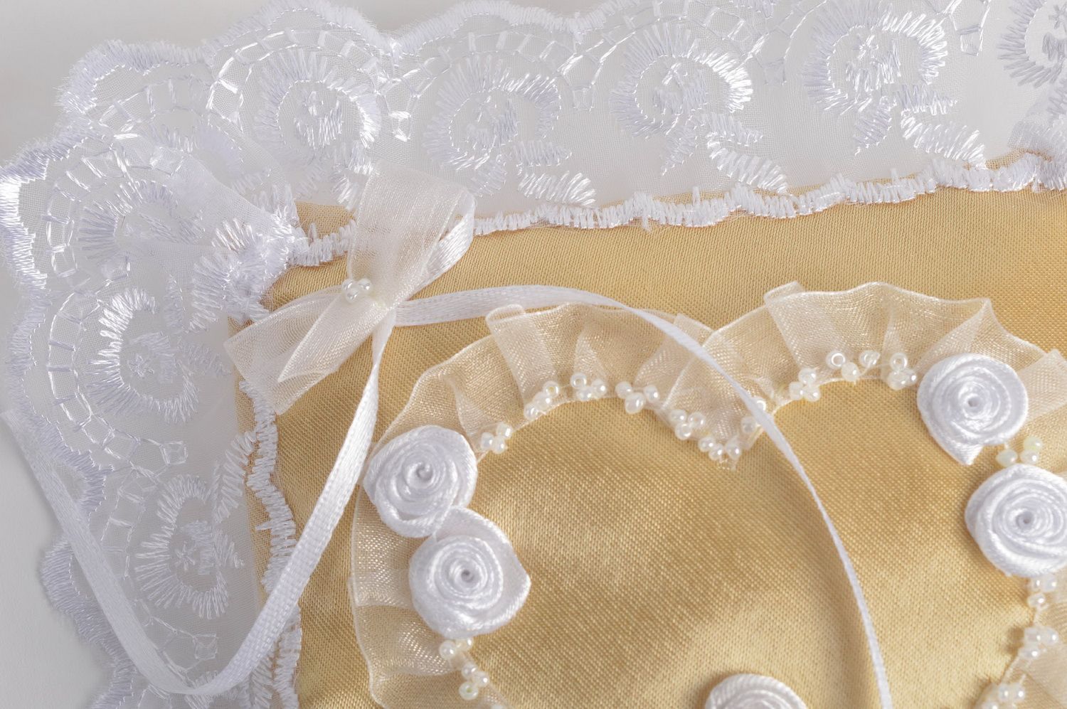Beautiful beige handmade designer satin ring bearer pillow with lace photo 4