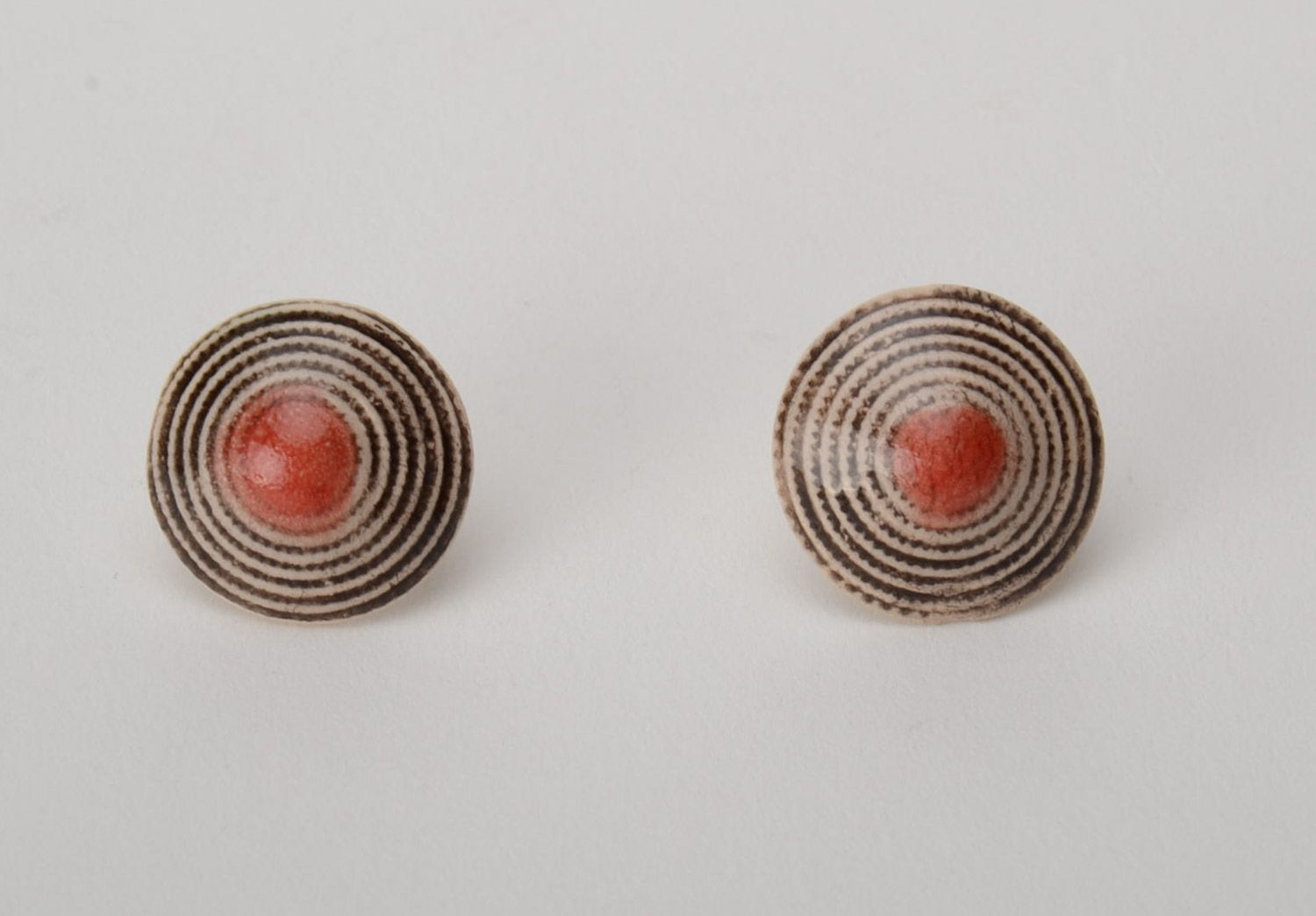 Women's striped stud earrings hand made of white clay and painted with colored enamels photo 3