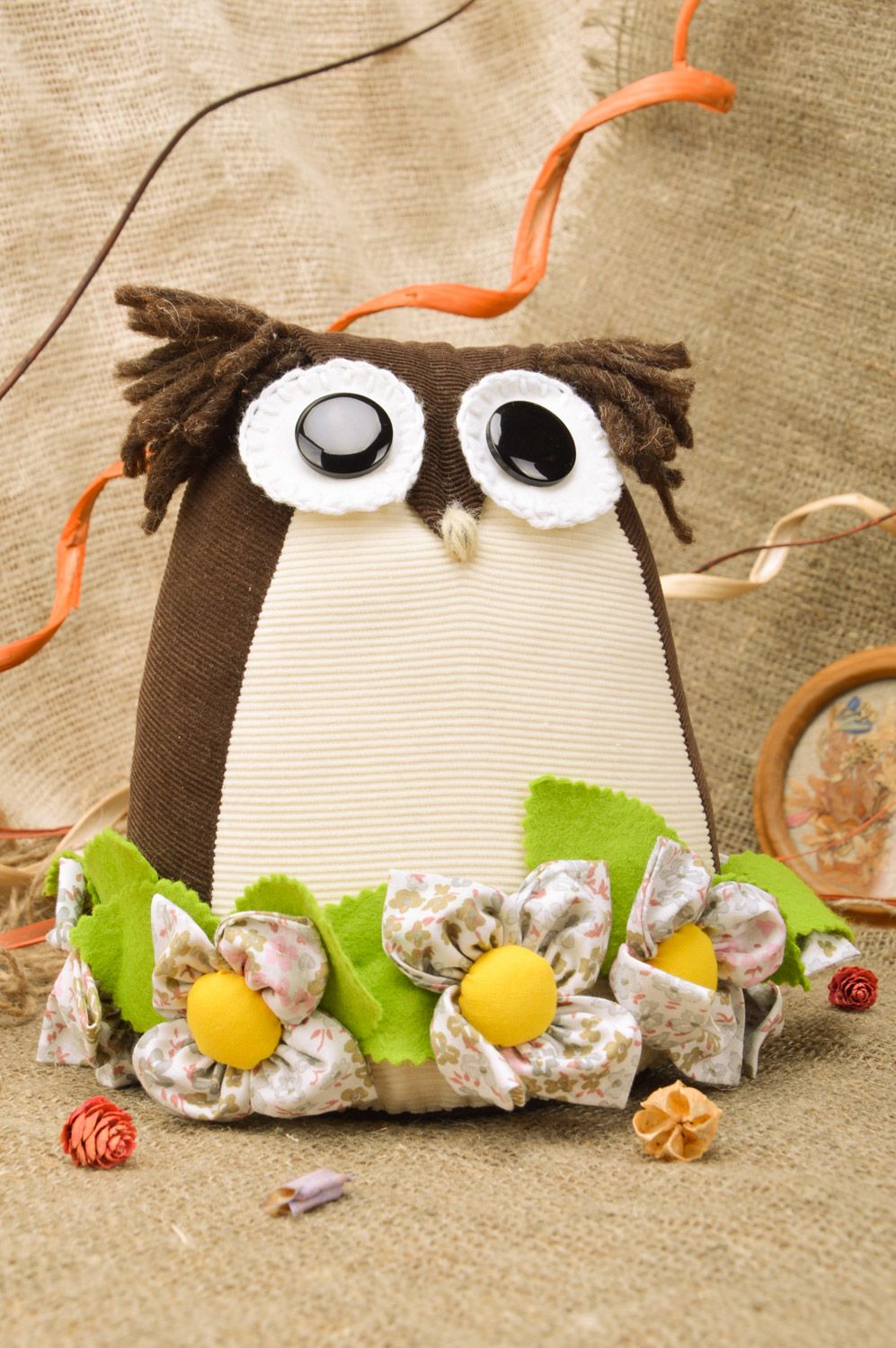 Handmade decorative door stopper toy Owl sewn of cotton and filled with sand photo 1
