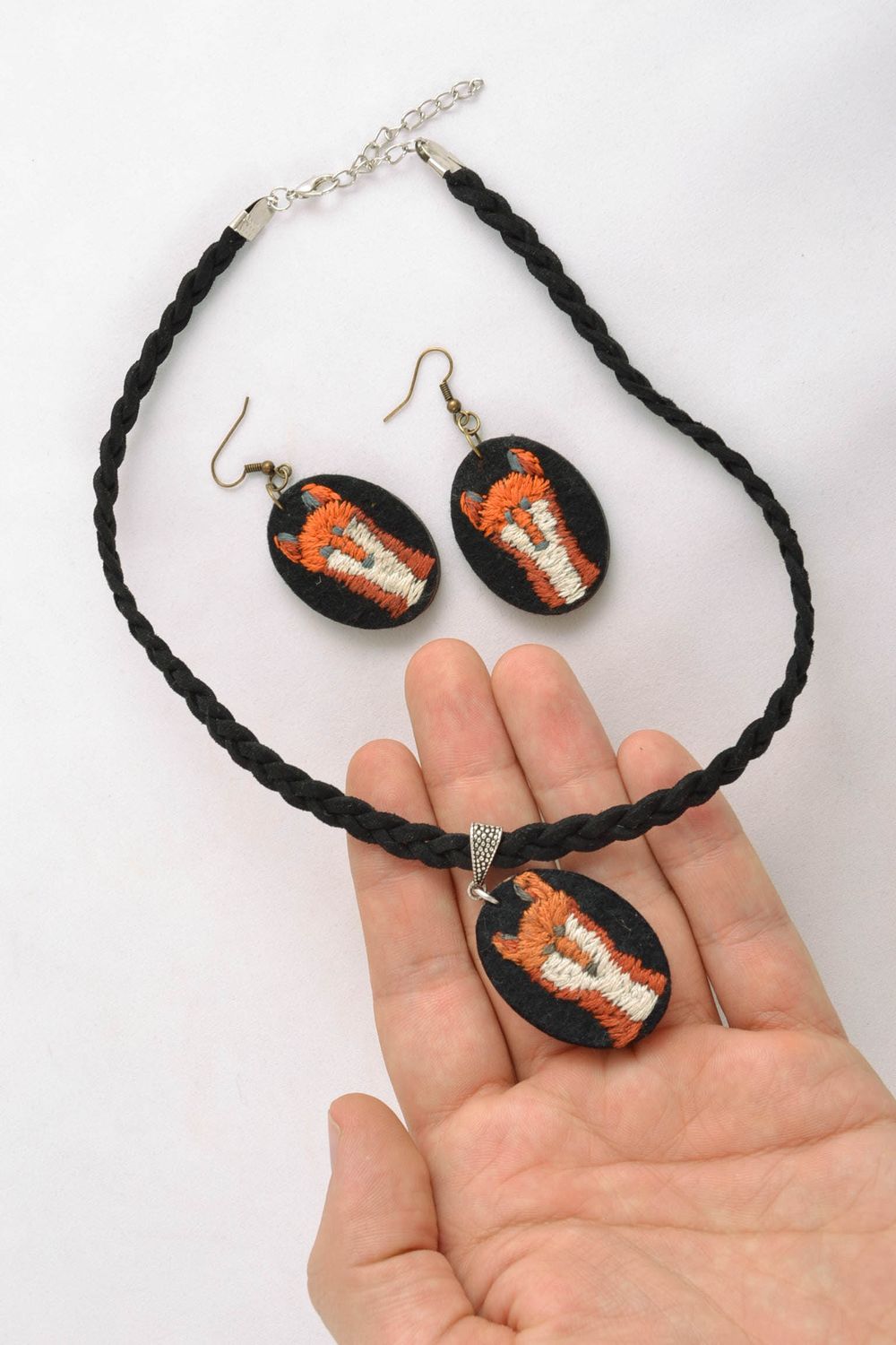 Wooden earrings and pendant with satin stitch embroidery photo 2
