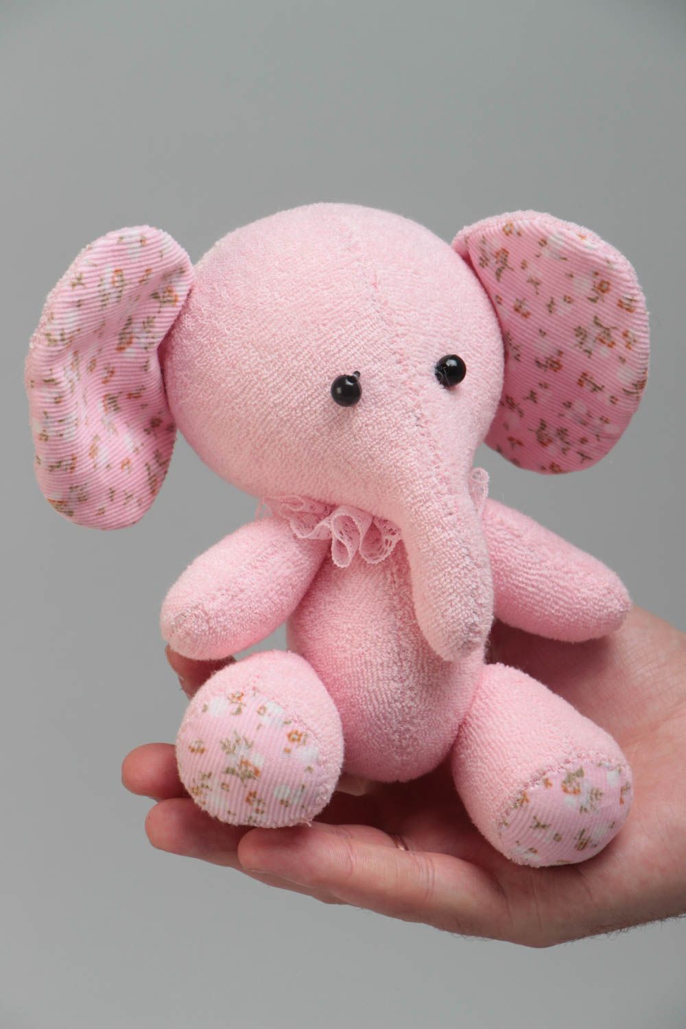 Handmade small mohair and jersey fabric soft toy pink elephant for children photo 5