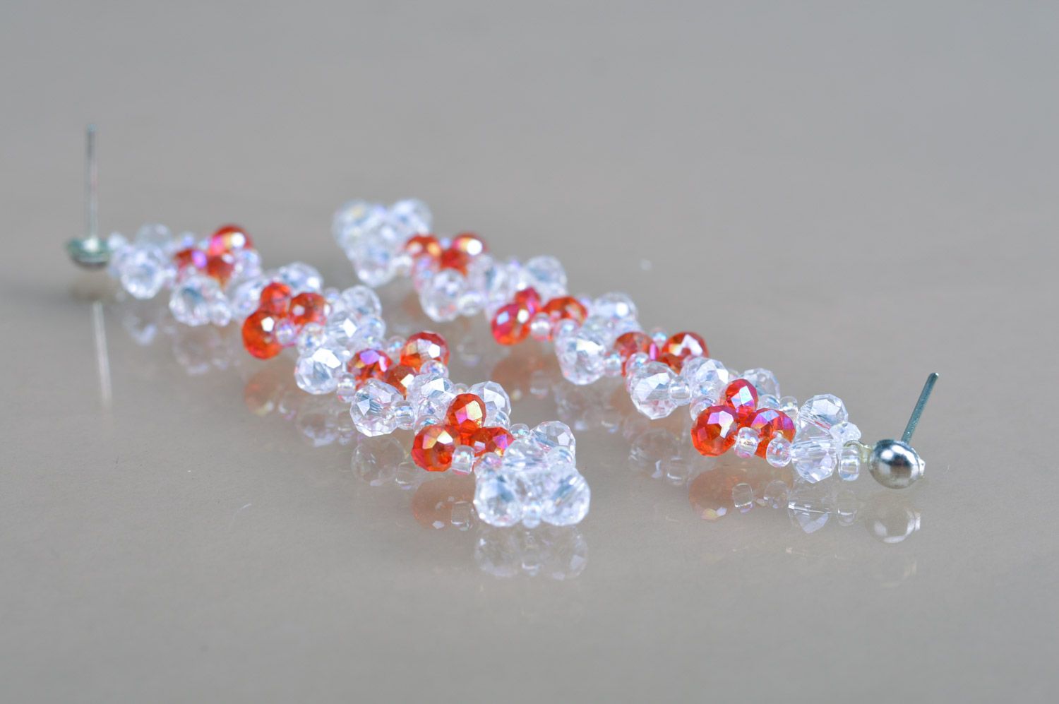 Beautiful evening handmade long crystal bead earrings of red and white colors photo 5