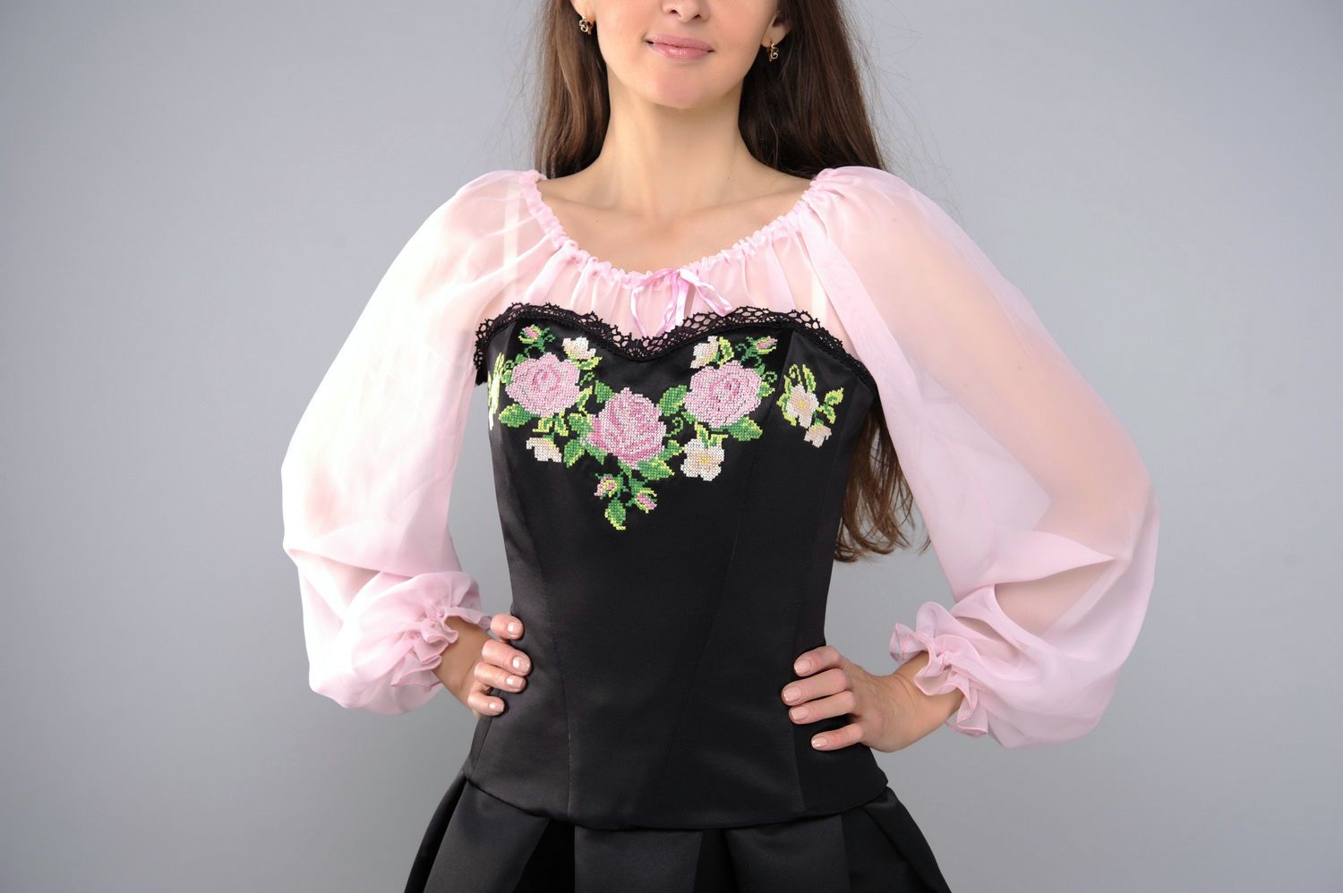 Ensemble jupe blouse corset en mousseline de soie et satin photo 4