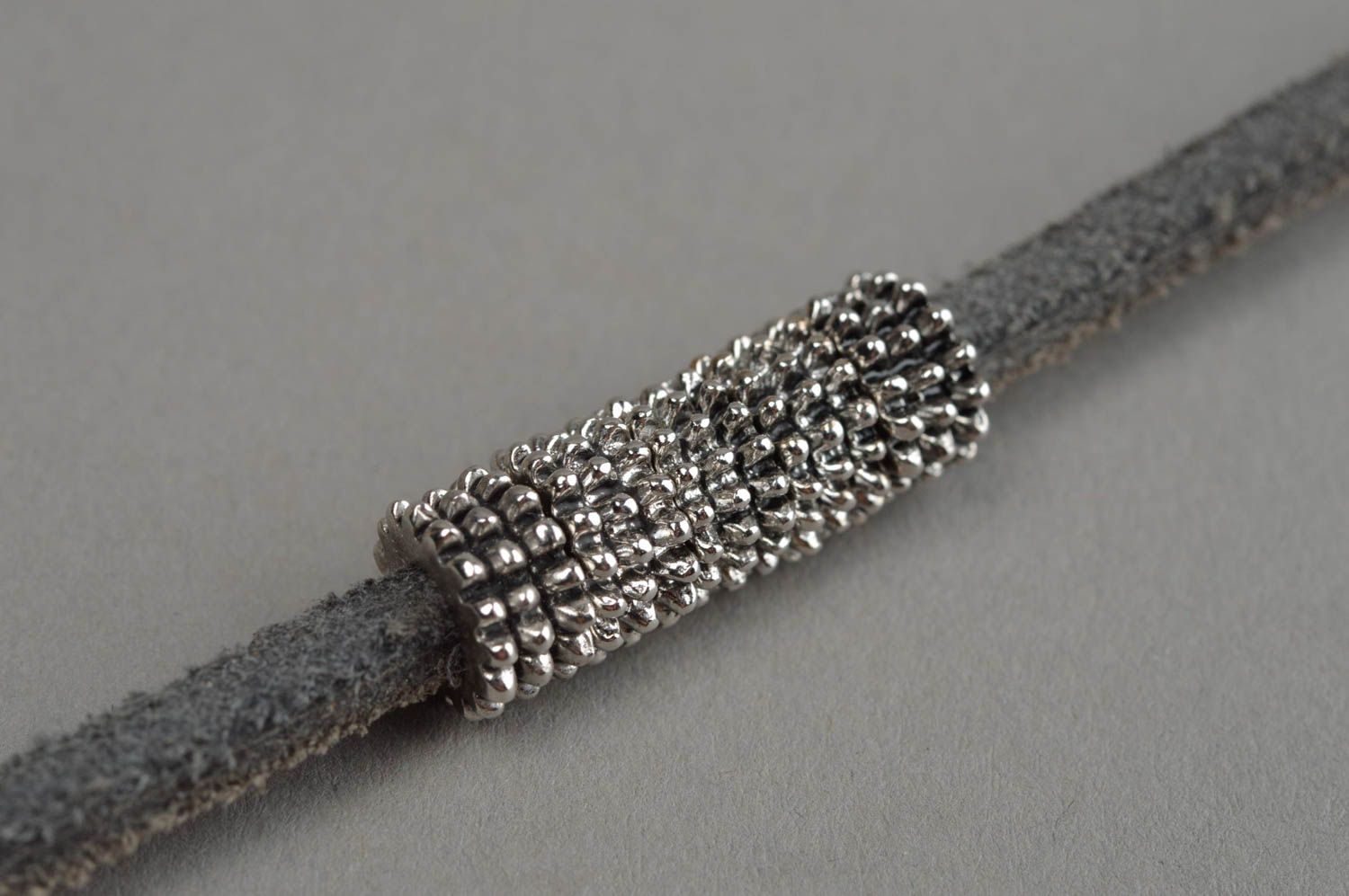 Designer handmade bracelet stylish leather accessory unusual grey jewelry photo 9