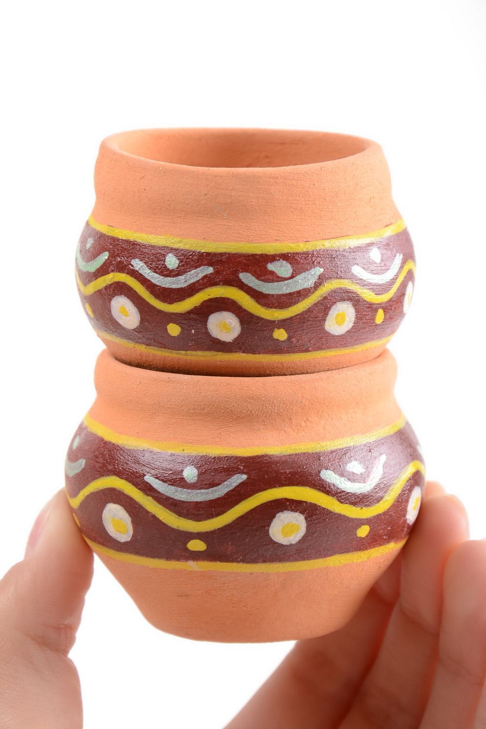 Petits vases céramiques faits main peints style ethnique 2 pièces 10 cl photo 5